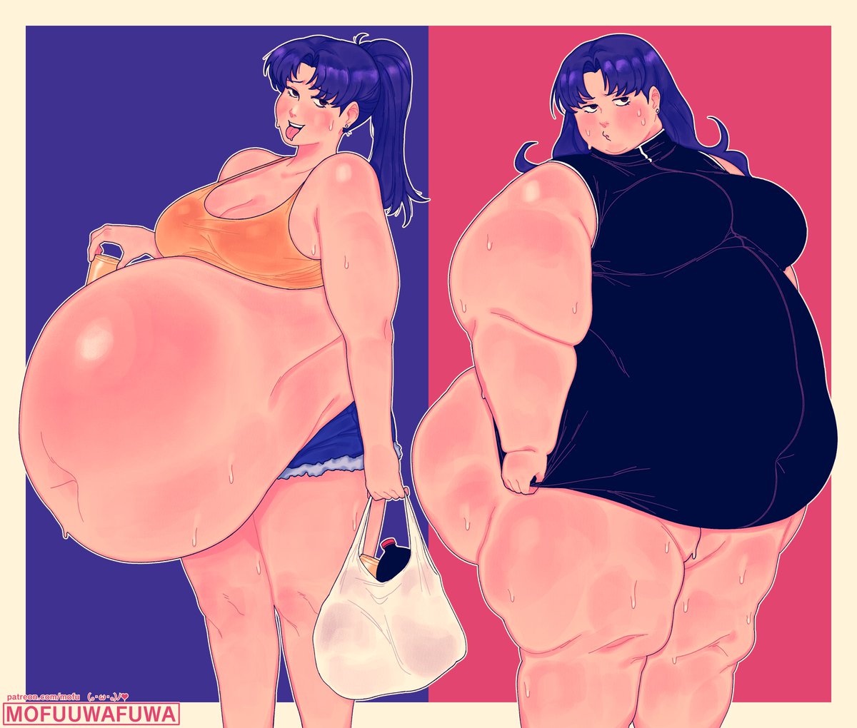 1girls belly big_breasts big_thighs bloated_belly breasts female huge_belly misato_katsuragi mofuuwafuwa neon_genesis_evangelion obese obese_female purple_hair thick_thighs thighs weight_gain