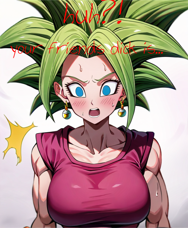 ai_generated blue_eyes blush caption cuckold cuckold_pov dragon_ball dragon_ball_super earrings gorilla4sale_(artist) gorilla4sale_artist) green_hair in_awe kefla netorare ntr penis_awe pov shocked shocked_expression small_penis_humiliation