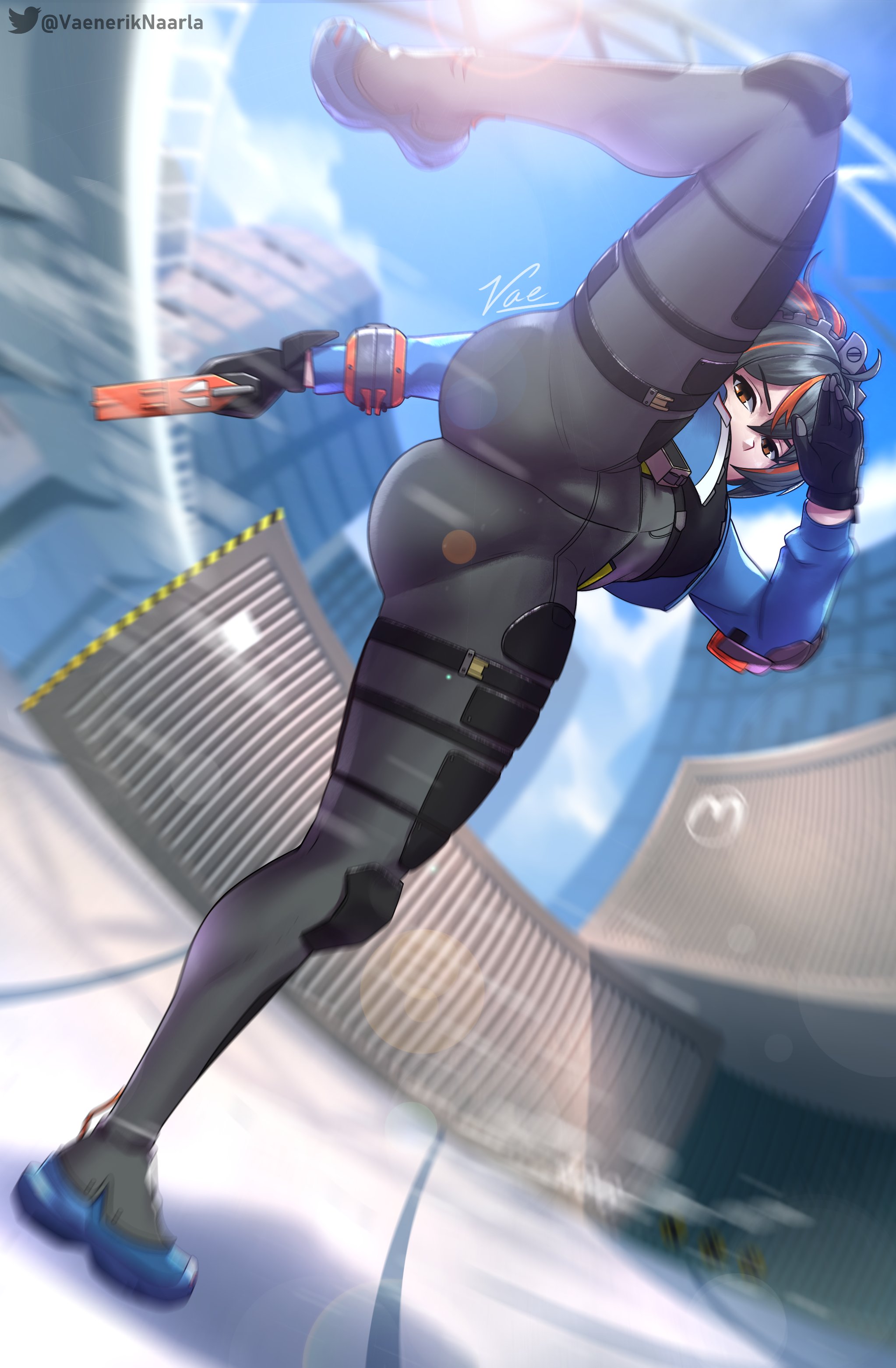1girls, 2024, 2d, 2d (artwork), action pose, artist name, artist signature, ass, attacking viewer, big ass, big butt, black hair, blurry background, clothed female, cop, day, daytime, female, female only, fully clothed, gun, hoyoverse, human, human female, human only, kicking, legs, light skin, light-skinned female, looking at viewer, mihoyo, multicolored hair, no sex, not ai generated, one leg up, paag, pistol, police hat, police officer, police uniform, public, questionable, red hair, sfw, thick, thighs, tight pants, vaenerik naarla, weapon, zenless zone zero, zhu yuan