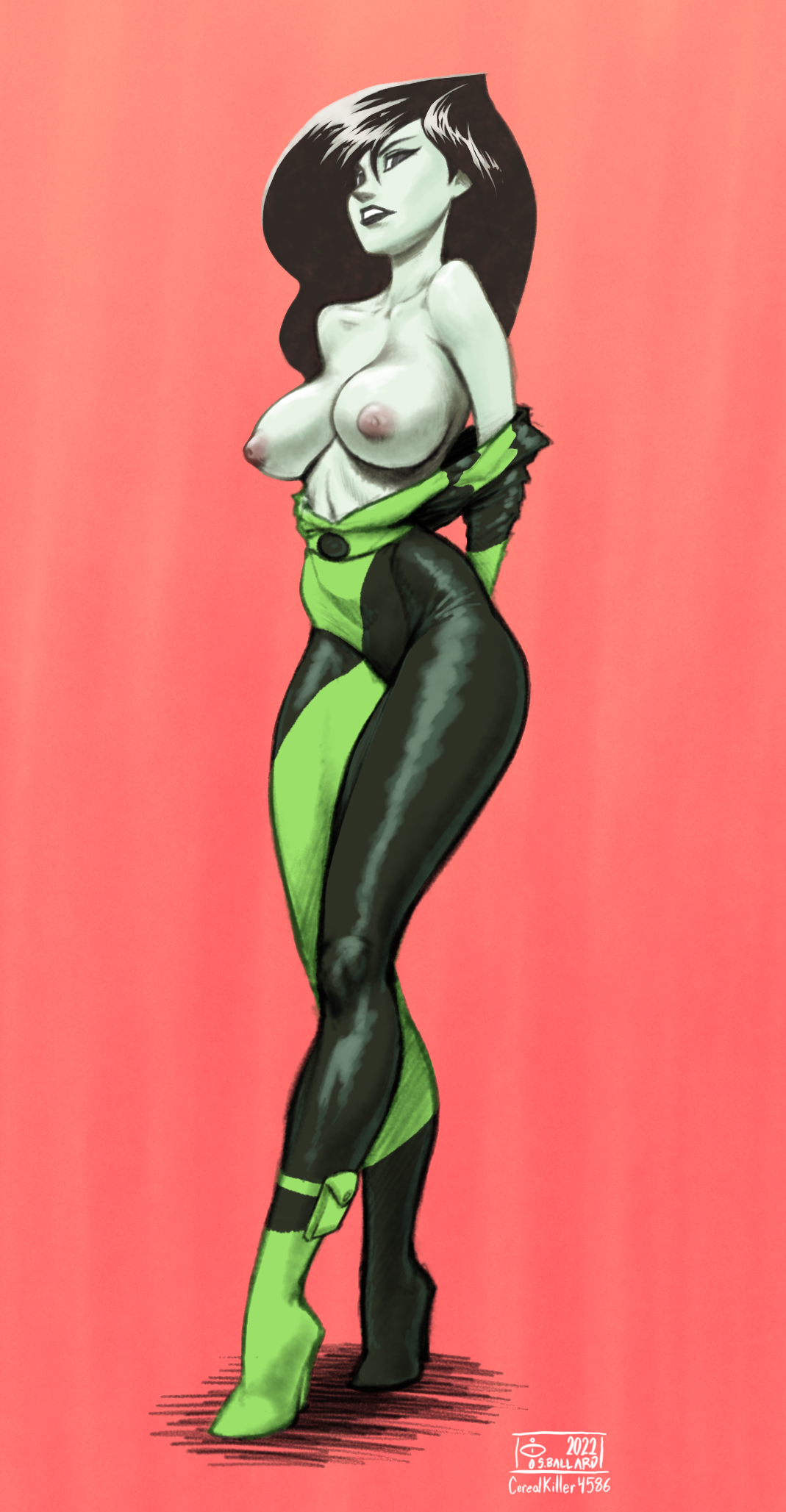 1girls, big breasts, breasts, cerealkiller4586 (shane ballard), disney, disney channel, exposed breasts, female, female only, kim possible, light skin, light-skinned female, nipples, no bra, perky breasts, shego, topless, undressing