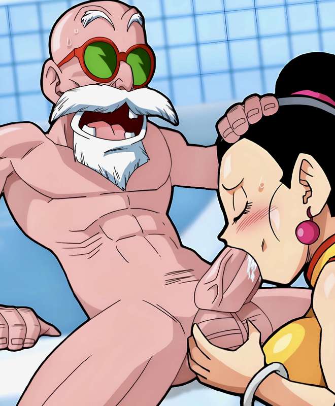 1boy1girl 2d bathroom big_breasts blowjob blush cheating cheating_wife chichi chichi_(majin_buu_saga) cum_in_mouth dragon_ball dragon_ball_z edit enjoying fellatio female full_color fully_clothed hand_on_balls hand_on_head master_roshi netorare older_male oral pervert theonegoy yamamoto_doujin