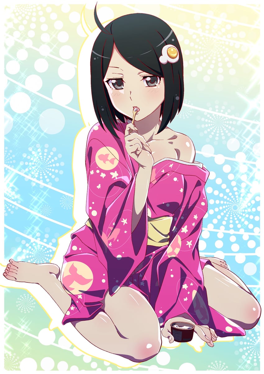 ahoge araragi_tsukihi bare_legs bare_shoulders bare_thighs barefoot black_hair blush body_blush breasts collarbone eating feet grey_eyes hair_ornament japanese_clothes kimono makicha_(sasurainopink) medium_breasts monogatari_(series) off_shoulder on_knees shiny_skin short_hair thighs toes yukata