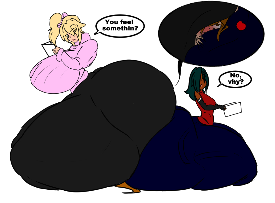 2girls ass ass_squeeze ass_squish ass_to_ass bbw big_ass big_breasts blonde_hair breasts buttcrush_sandwich clothed clothing dark-skinned_female dark_green_hair enormous_ass female giant_ass giantess gigantic_ass gokusenpai hair huge_ass hyper hyper_ass jasmine_(gokusenpai) large_ass larger_female light-skinned_female massive_ass mini_giantess mishi_smithers multiple_girls obese_female oishii_otsumami pants size_difference smothering squeezing squish thick_thighs unaware_buttcrush