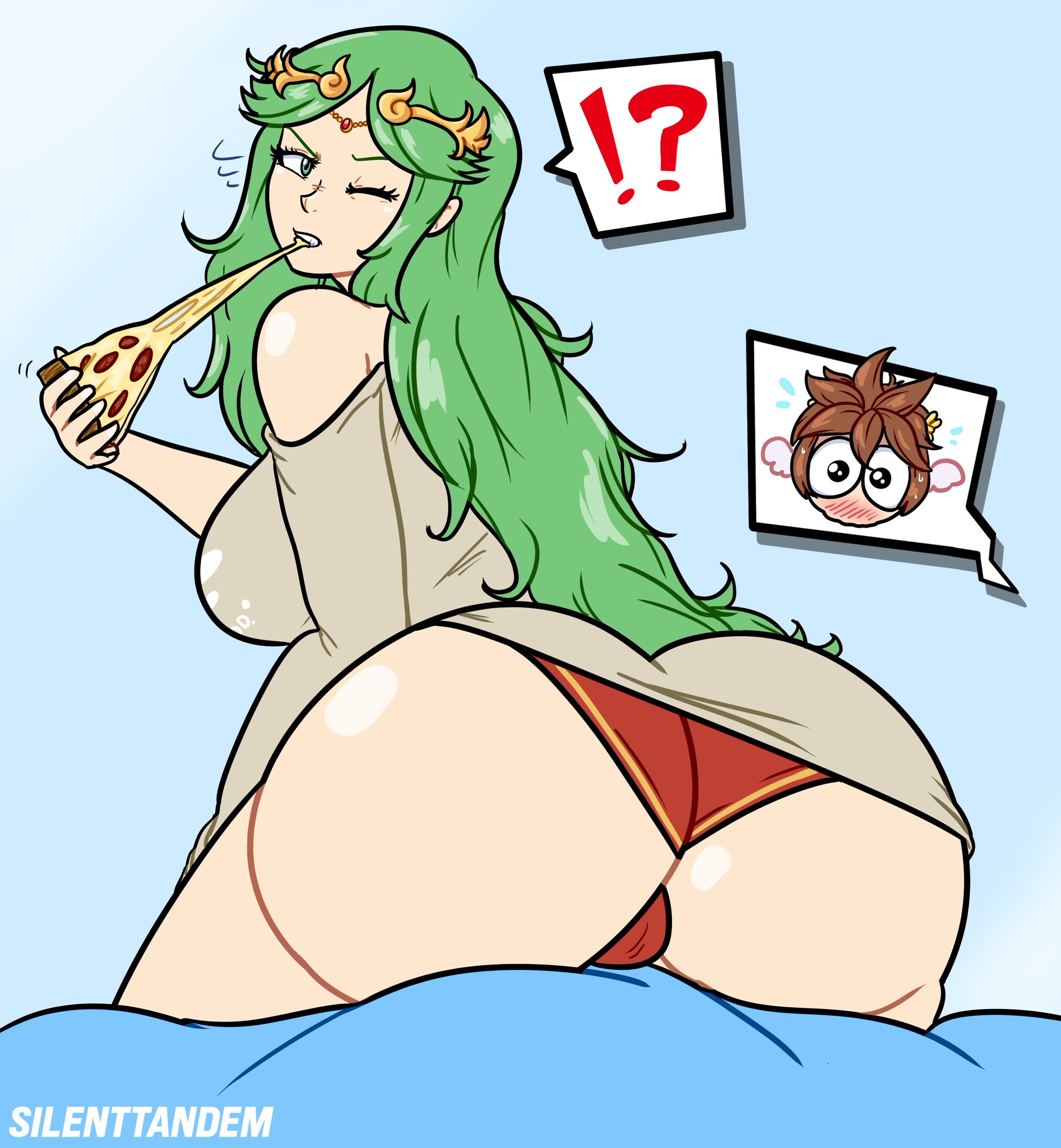 age difference, ass, ass awe, big ass, big eyes, female, kid icarus, kid icarus uprising, larger female, male, milf, neuron activation (meme), nintendo, older female, palutena, panties, pit, pit (kid icarus), pizza, silenttandem, size difference, smaller male, tagme, underwear, younger male