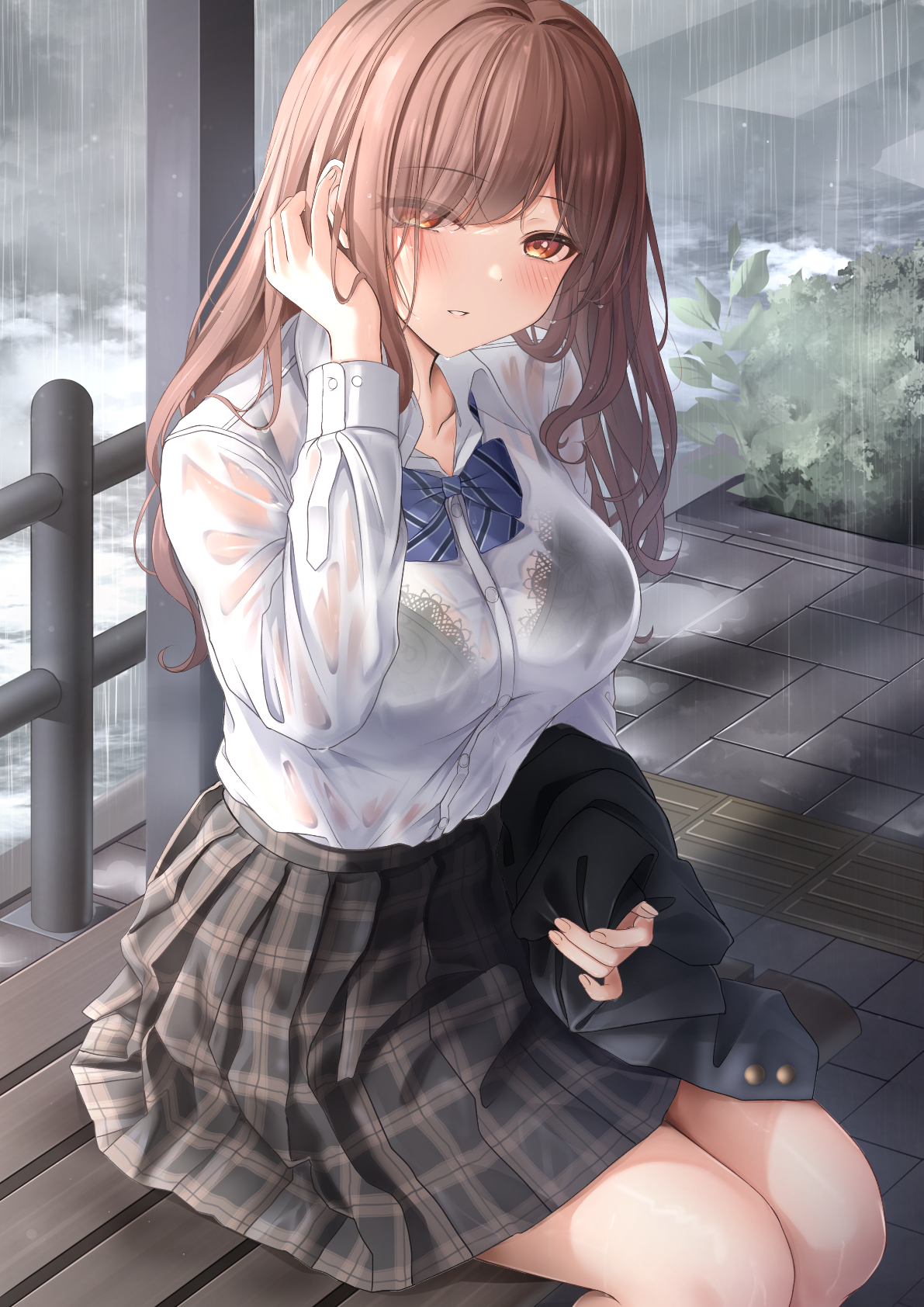 1girls, amber eyes, bangs, blush, breasts, brown eyes, brown hair, female, highres, large breasts, long hair, long sleeves, looking at viewer, monaka curl, original, sitting, skirt, solo, thighs, wet, wet clothes