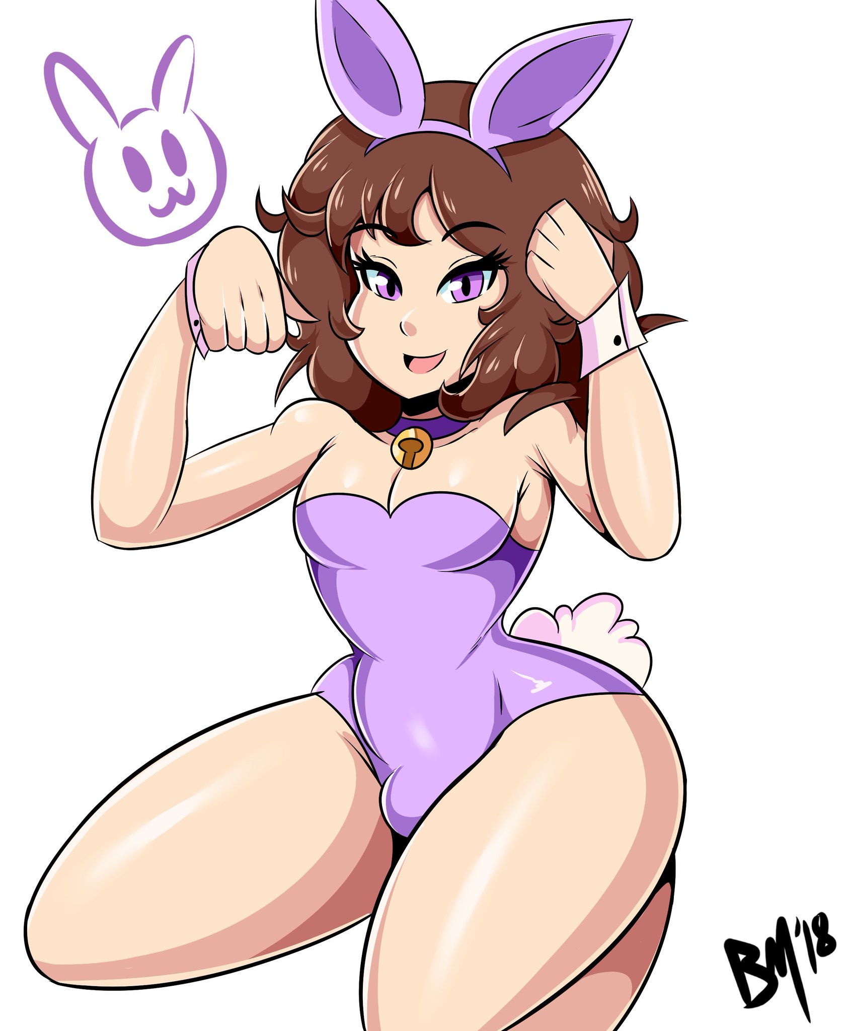 1boy, androgynous, big thighs, bmayneart, brown hair, bulge, bunny boy, bunny costume, bunny ears, bunny tail, bunnysuit, collar, female, femboy, light skin, light-skinned femboy, lylac (bmayneart), male, original, original character, playboy bunny, purple eyes, tagme, tomgirl, wide hips