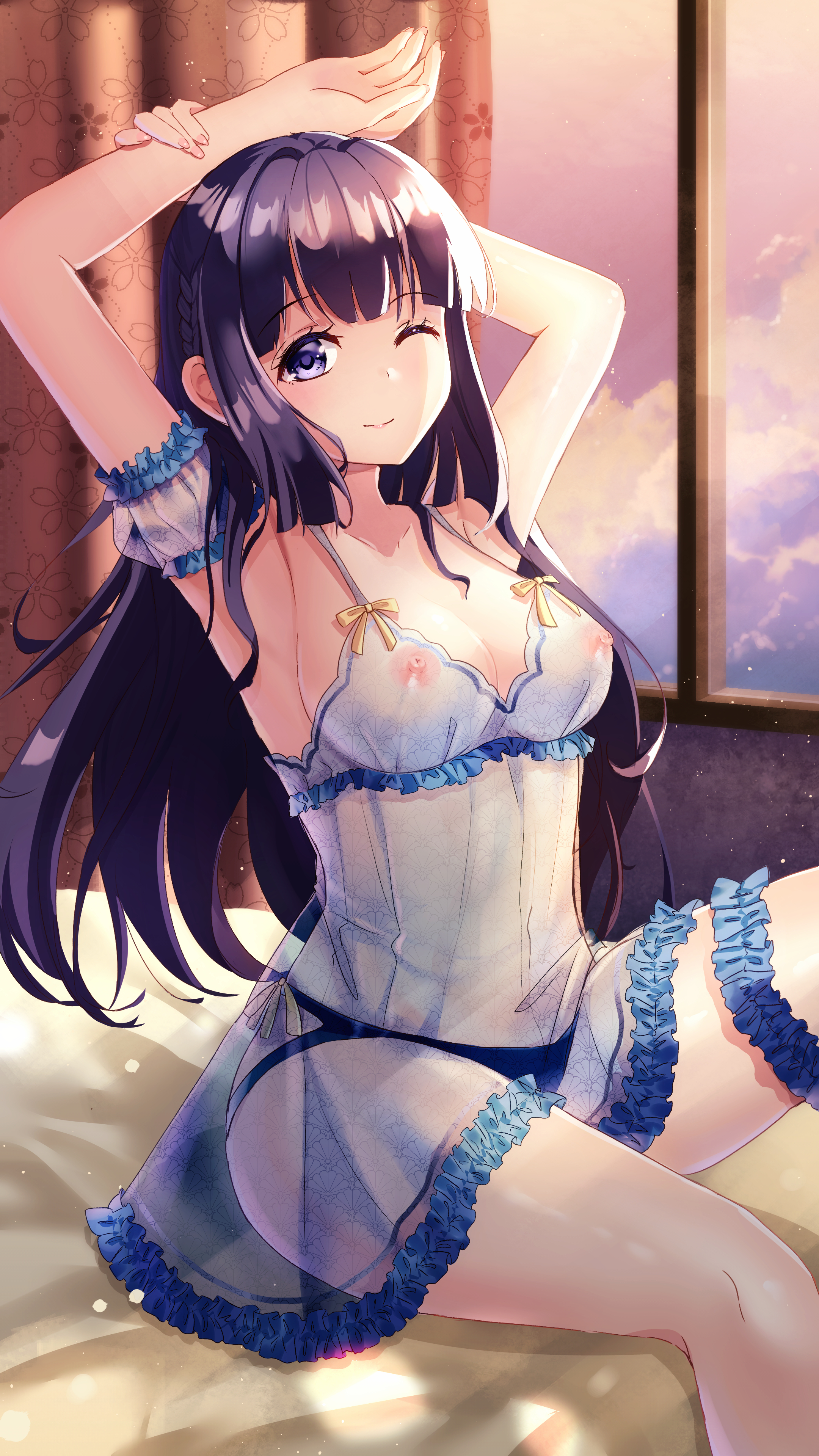 1girls, areolae, big breasts, black panties, blue eyes, blue hair, breasts, curtains, dress, female, female only, hands behind head, hands up, highres, holmemee, lingerie, long hair, looking at viewer, makinohara shouko, medium breasts, negligee, nightwear, nipples, nipples visible through clothing, on bed, one eye closed, panties, revealing clothes, see-through, see-through clothing, seishun buta yarou wa bunny girl senpai no yume wo minai, sitting, sitting on bed, smile, solo, window