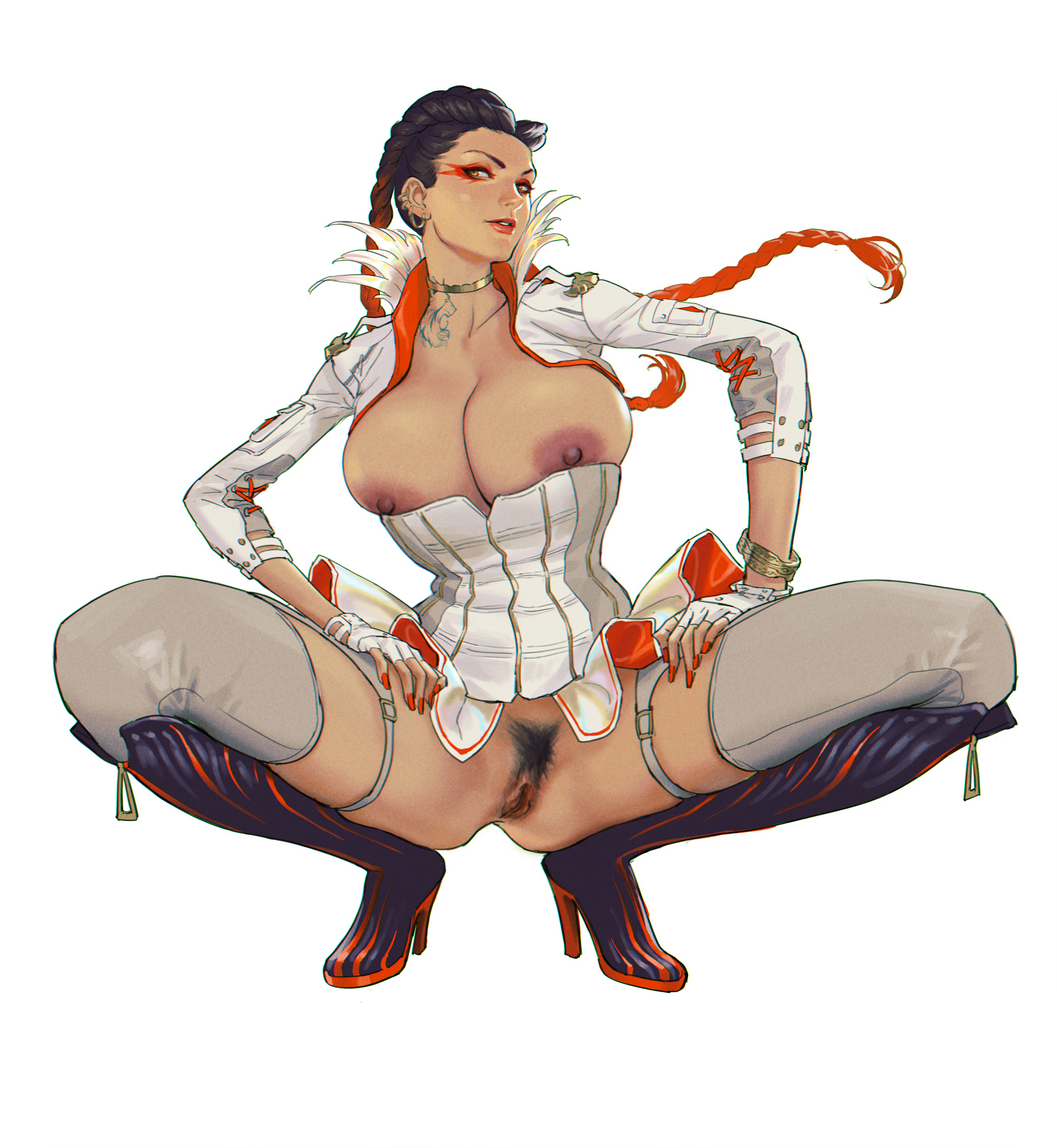 2d, alternate breast size, apex legends, ass, belt, big ass, big breasts, big butt, big pussy, big thighs, bottom heavy, breast squeeze, breasts, breasts out, breasts outside, bursting breasts, bursting clothes, cameltoe, female, hairy pussy, high heel boots, high heels, huge breasts, loba (apex legends), looking at another, outgrowing clothes, presenting pussy, pussy, pussy hair, pussy peek, simple background, stretched clothing, thick, thick hips, thick legs, thick thighs, thigh expansion, tight clothes, tight clothing, tights, vagina, viewed from below, zjl baiqishi