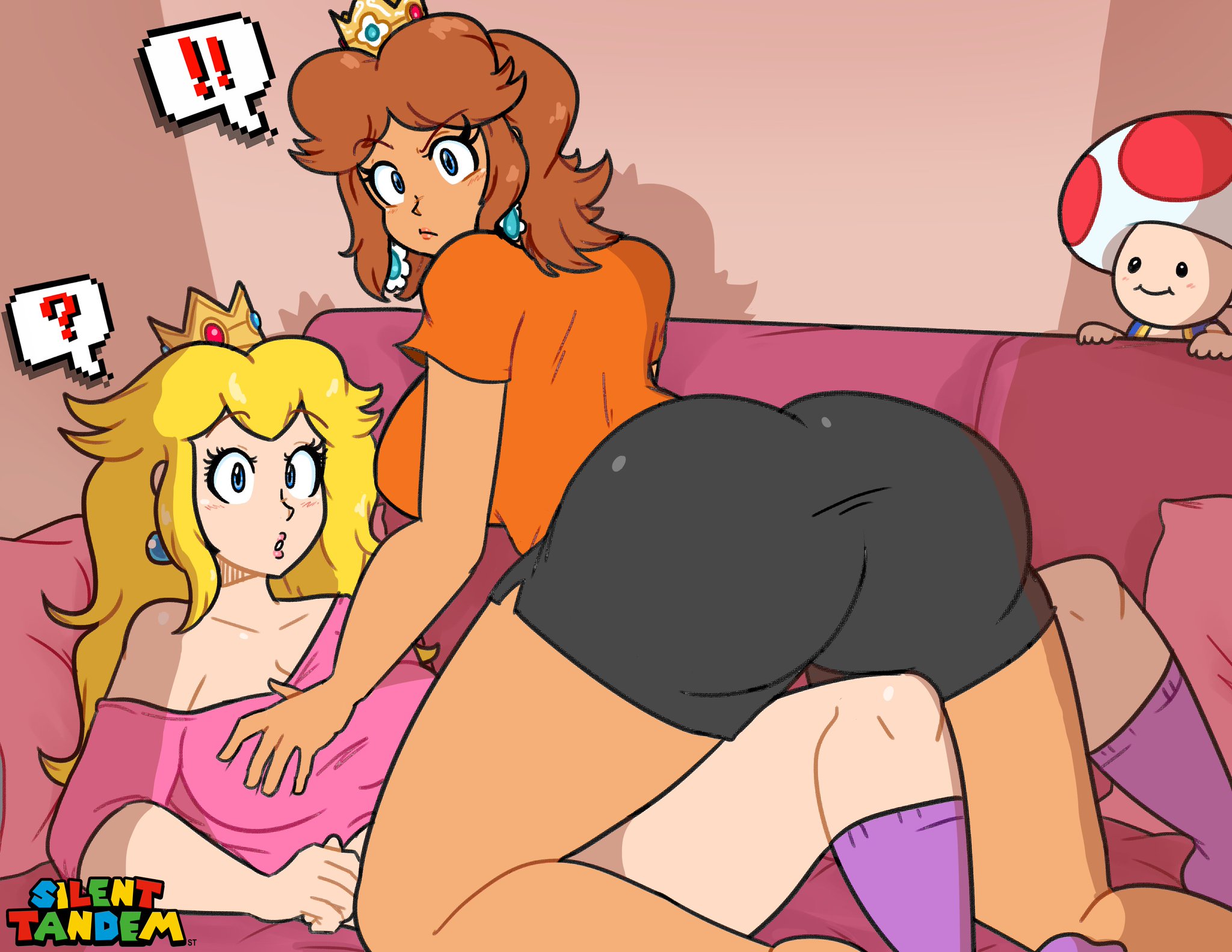 !!, ?, 2girls, ass, big ass, big butt, bike shorts, black shorts, blonde hair, blue eyes, brown hair, caught, caught in the act, clothed, clothing, couch, dark skin, dark-skinned female, female, huge ass, huge butt, interrupted, large ass, large butt, light skin, light-skinned female, long hair, mario (series), nintendo, orange shirt, pink shirt, princess daisy, princess peach, purple socks, shoulder length hair, silenttandem, tagme, tan skin, tan-skinned female, thick, thick ass, thick hips, thick thighs, toad (mario), watching, yuri