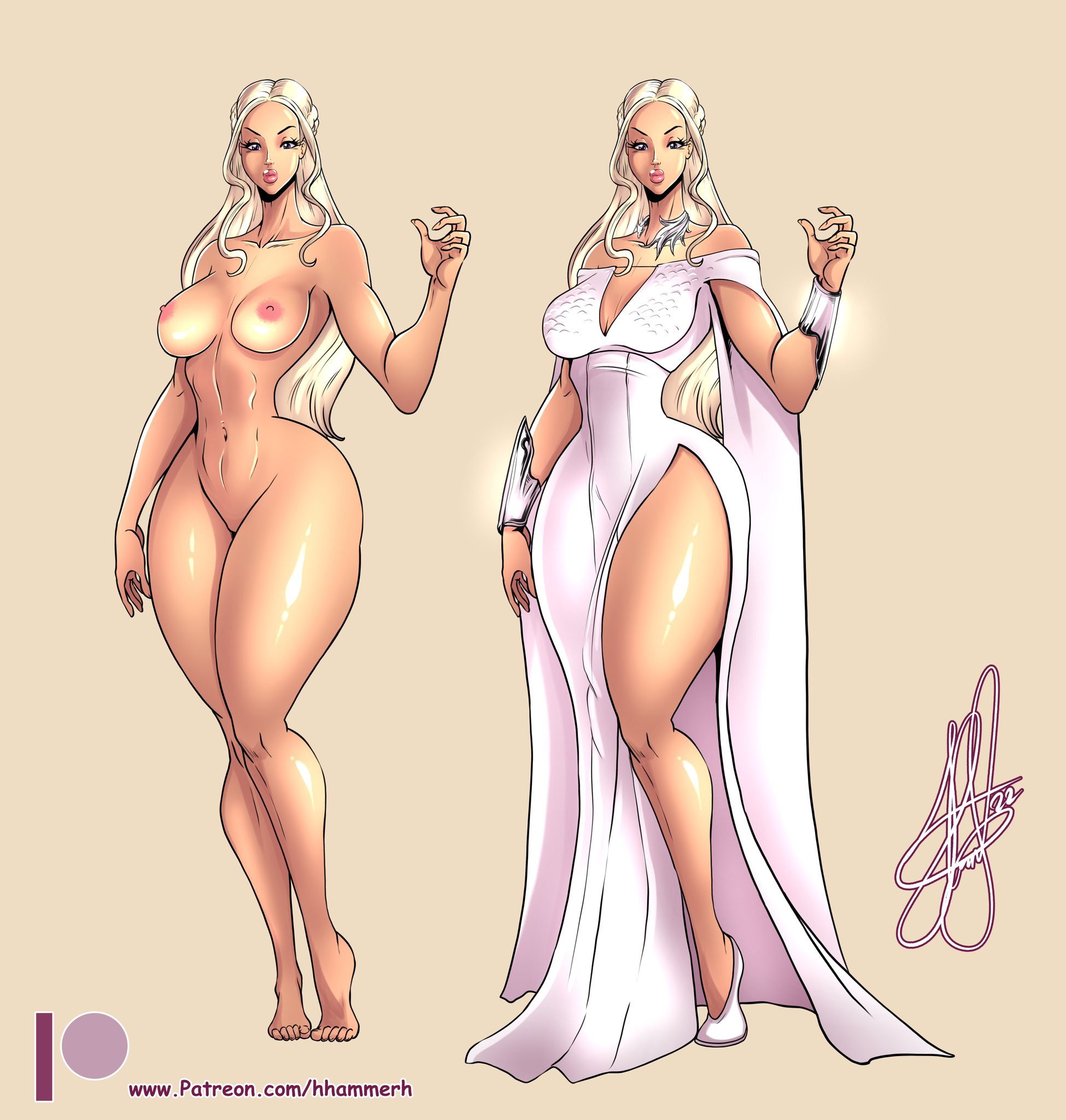 1girls, a song of ice and fire, alternate version available, areola, areolae, armwear, casual, child bearing hips, commission, curvy, daenerys targaryen, female, footwear, game of thrones, henrik-drake, hhammerh, high slit dress, hips, human, legs, nipples, pale skin, thick thighs, thighs, valyrian, wide hips