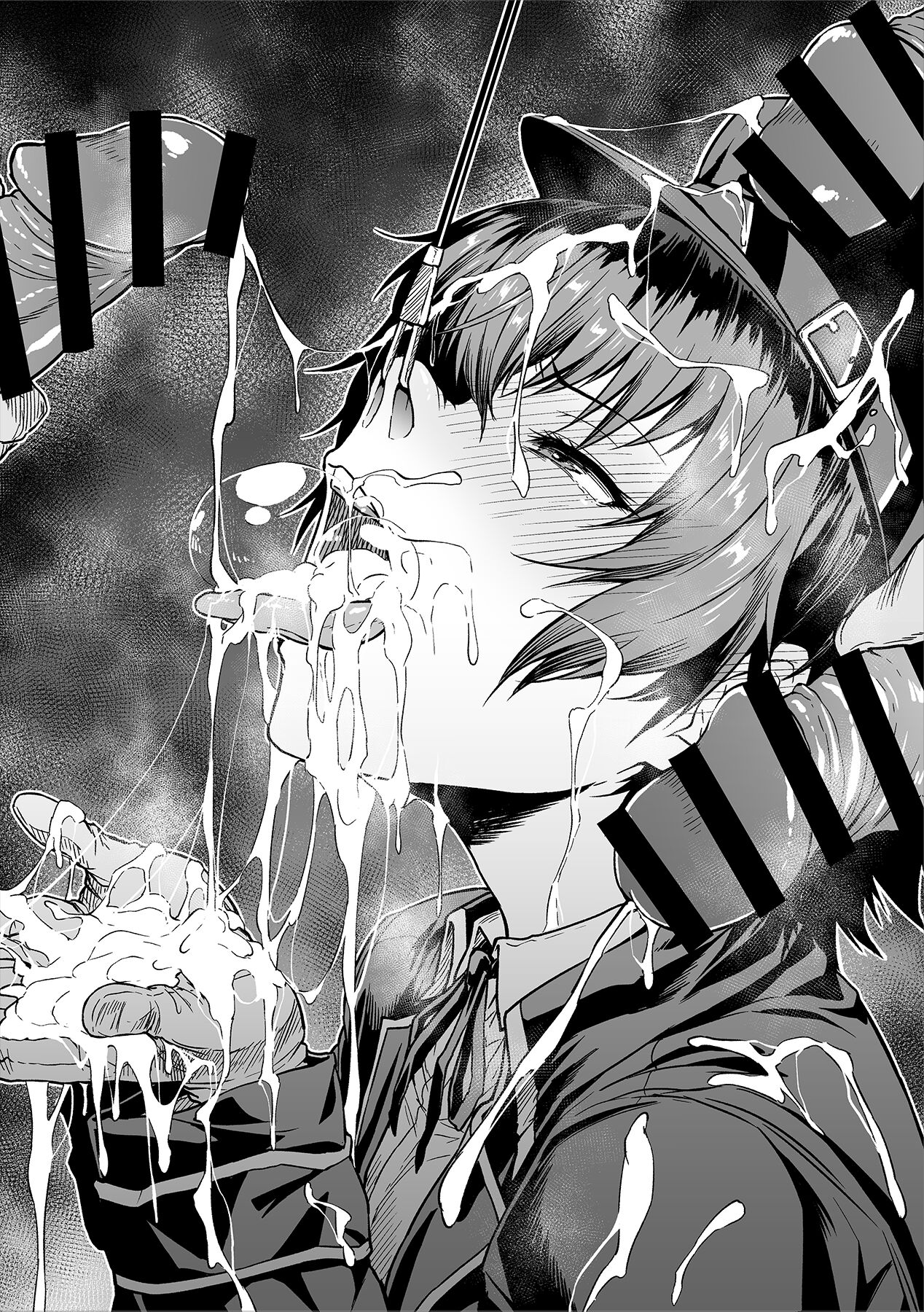 ahemaru, atlus, bukkake, cabbie hat, censored, cum, cum bubble, cum in hands, dick, female, human, male, megami tensei, multiple penises, nose hook, penis, persona, persona 4, sega, shirogane naoto