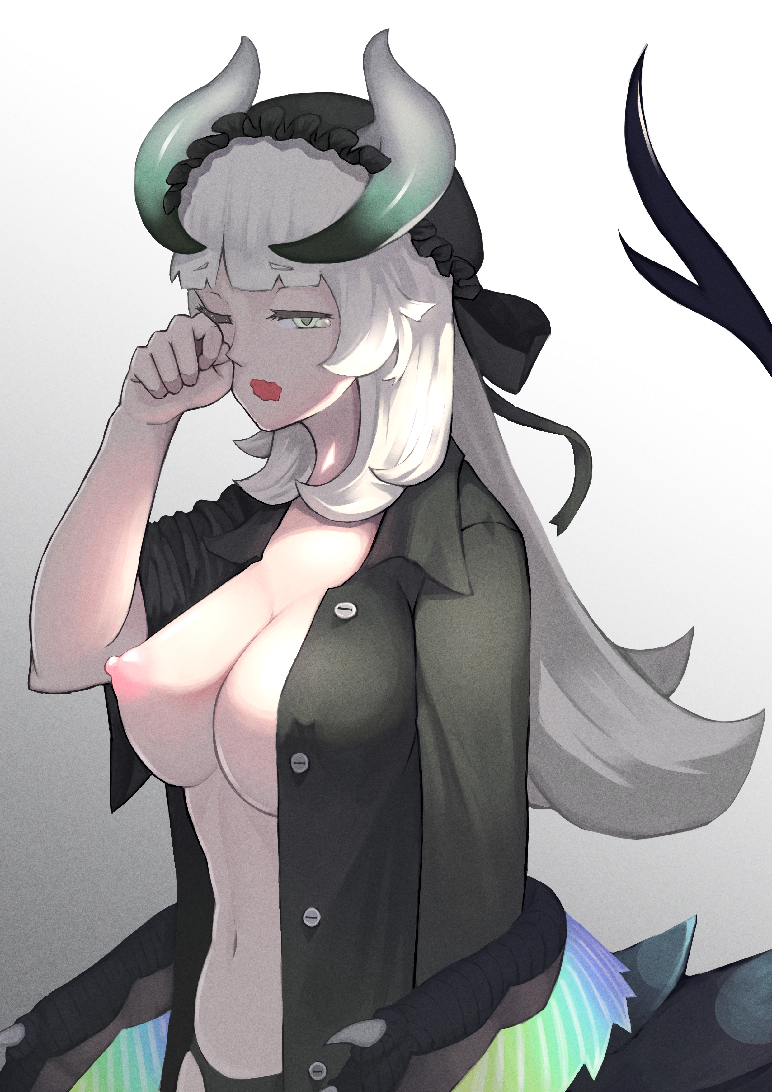 big breasts, breasts, chamber dragonmaid, dragonmaid series (yu-gi-oh!), duel monster, female, horn, horns, konami, navel, nipples, one eye closed, panties, sleepy, tail, white hair, yu-gi-oh!, yu-gi-oh! duel monsters