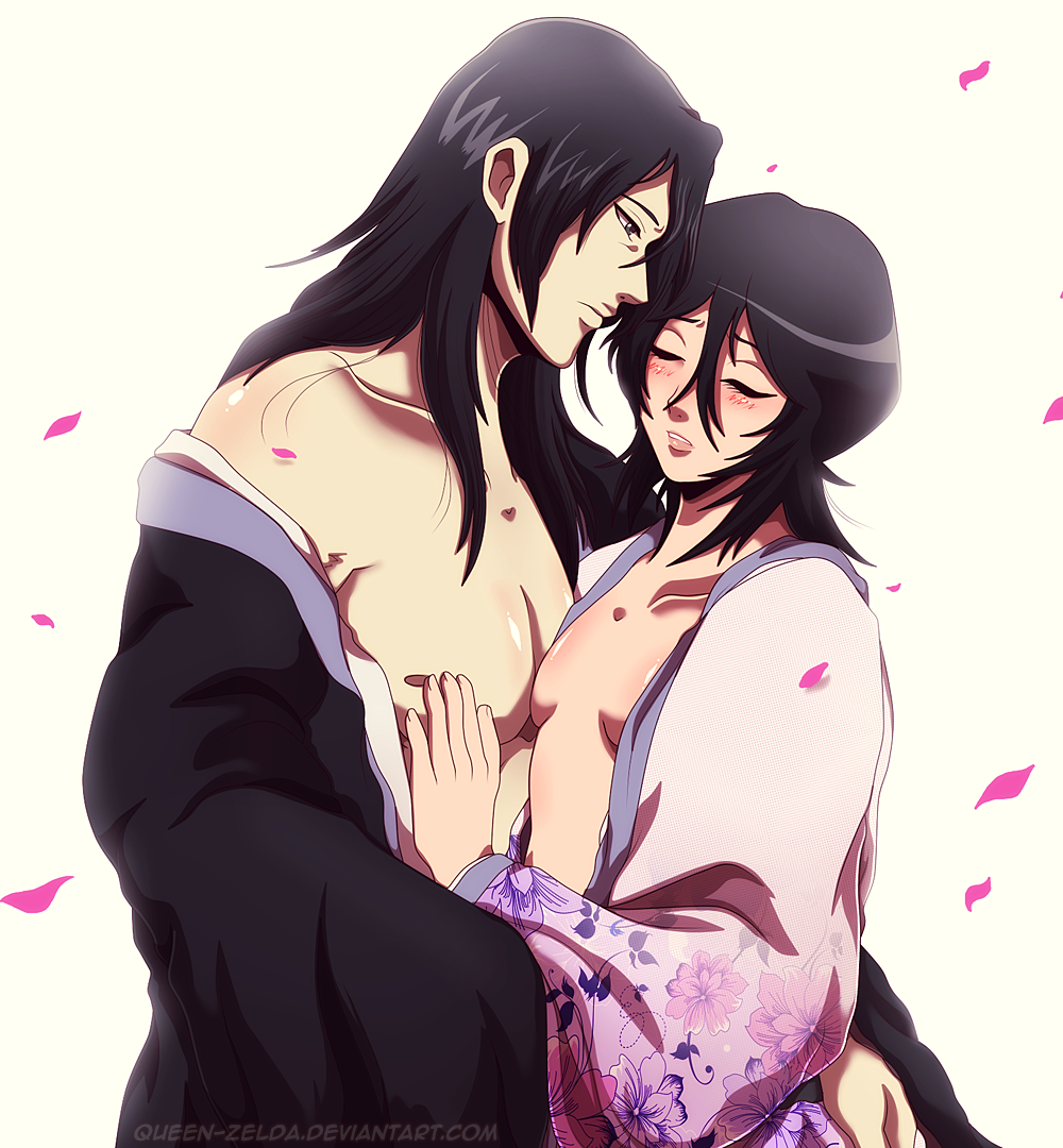 1boy 1boy1girl 1girls bare_shoulders black_hair bleach blue_eyes blush byakuya_kuchiki closed_eyes couple duo duo_focus embrace female floral_print flower_petals hand_on_chest kimono kuchiki_byakuya kuchiki_hisana light-skinned_female light-skinned_male light_skin long_hair looking_at_another looking_at_partner male male/female married married_couple no_bra open_clothes petals petite queen-zelda robe romantic shoulder_length_hair small_breasts standing upper_body yukata