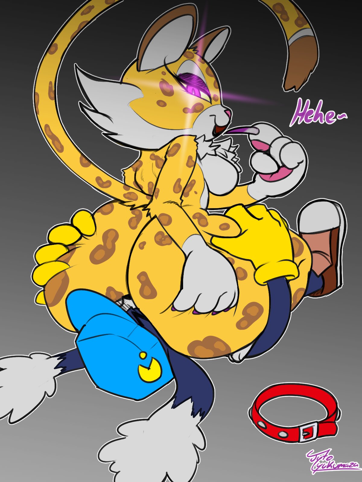 anthro, bandai namco, clawroline, clothing, duo, facesitting, felid, feline, female, gloves, handwear, happy, hi res, jyto, kirby (series), klonoa, klonoa (series), leopard, looking at another, looking at butt, lying, male, male/female, mammal, nintendo, no humans, on back, pantherine, video games