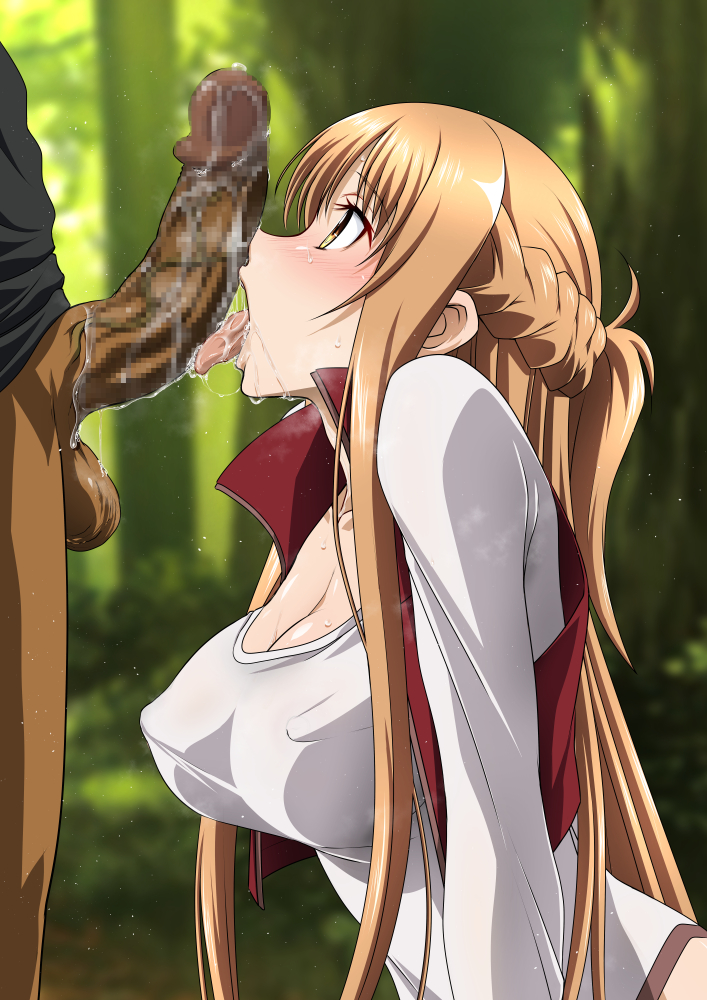 1boy, 1girls, after deepthroat, after oral, alternate version available, blonde hair, blurry, blurry background, blush, bottomless, braid, braided hair, breasts, censored, cleavage, covered erect nipples, dark skin, dark-skinned male, deepthroat mark, depth of field, erection, explorador sei, eye contact, eyebrows visible through hair, facial, fellatio, female, forest, french braid, from side, ginger, interracial, kneeling, licking, licking penis, light skin, light-skinned female, long hair, male, medium breasts, mosaic censoring, nature, oral, orange hair, outdoors, pale skin, pale-skinned female, penis, petite, public indecency, saliva, saliva trail, seductive mouth, shiny, shiny skin, shirt, sloppy, straight, sweat, sword art online, teenager, tongue, tongue out, tree, veins, veiny penis, vest, white shirt, yellow eyes, yuuki asuna