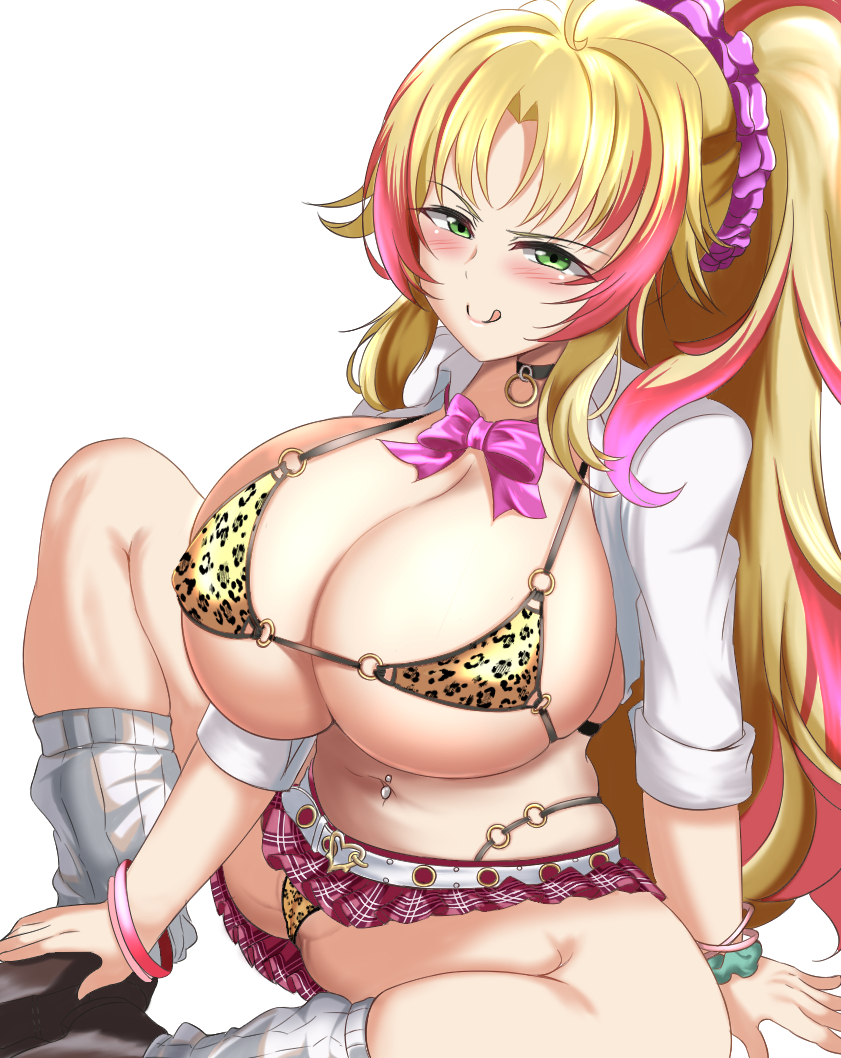 1girls :q alternate_costume animal_print bangs barbariana_(last_origin) barbariana_(scary_sister's_school_uniform)_(last_origin) blonde_hair blush bra breasts c: choker female female_only green_eyes gyaru large_breasts last_origin leopard_print leopard_print_bra leopard_print_panties light-skinned_female light_skin long_hair looking_at_viewer multicolored_hair navel_piercing official_alternate_costume panties parted_bangs piercing ponytail ribbon shigenohara_kitoha shirt skirt smile solo tied_hair tight tongue tongue_out underwear