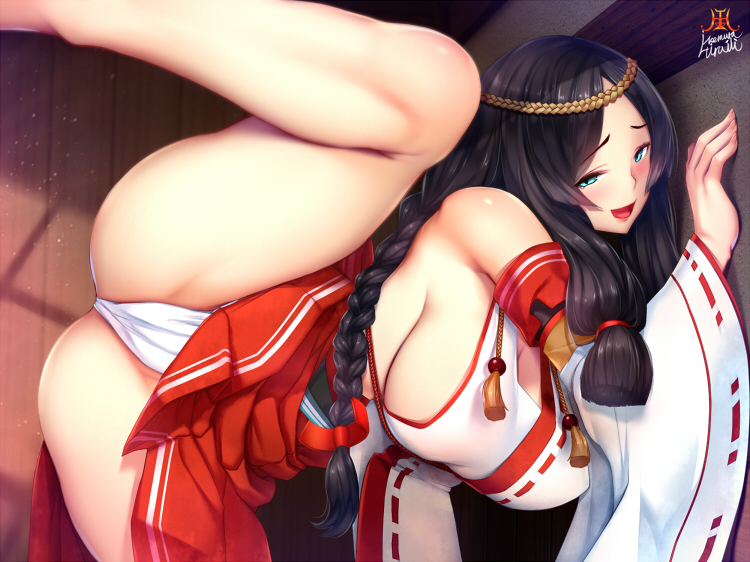 1girls against_wall big_breasts black_hair blue_eyes blush blushing braided_hair clothed curvy enjoying female female_focus female_only fundoshi hakama_skirt ikemura_hiroichi inviting_to_sex japanese_clothes kimono long_hair miko onmyoji panties smile smiling solo solo_female solo_focus spread_legs tagme thick_thighs thighs voluptuous yao_bikuni yaobikuni_(onmyoji)