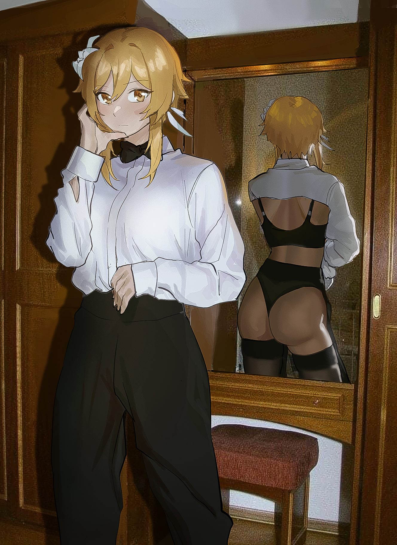 1girls, 2022, ass, back, backless outfit, big ass, black bra, black panties, blonde hair, bow, bowtie, bra, clothing, cozyu, female, female only, flower, genshin impact, hair flower, highres, indoors, lingerie, looking at viewer, lumine (genshin impact), meme, mirror, panties, pants, photo background, pose, reflection, revealing clothes, shirt, solo, standing, thighhighs, underwear, white flower