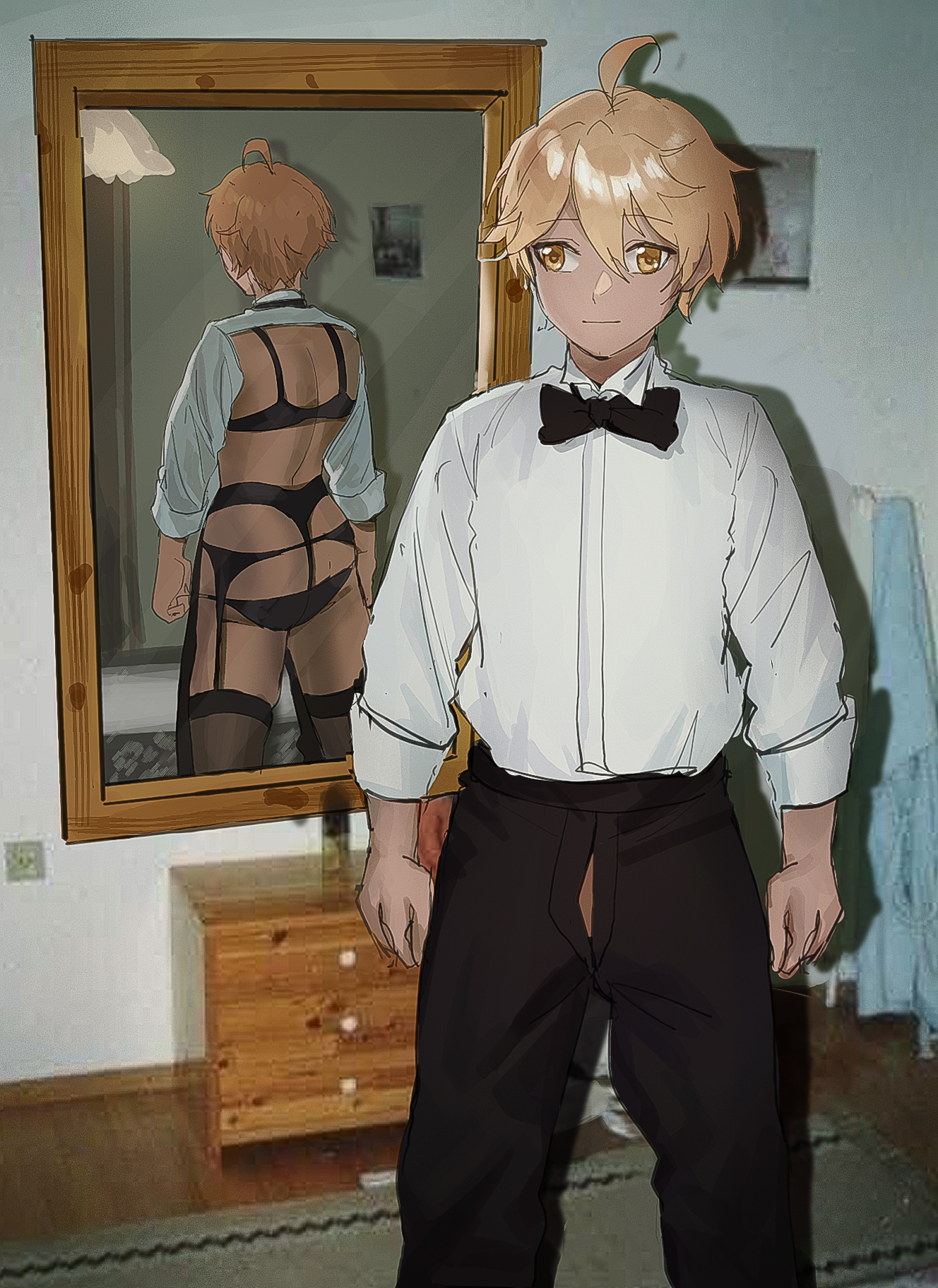 1boy, 2022, aether (genshin impact), ahoge, ass, awkward, backless outfit, black bra, black panties, blonde hair, bow, bowtie, bra, clothing, cozyu, crossdressing, derp eyes, garter belt, genshin impact, hair between eyes, hi res, highres, humor, indoors, lingerie, male, male only, matching hair/eyes, meme, mirror, open fly, panties, pants, photo background, reflection, revealing clothes, shirt, short hair, solo, squint, standing, thighhighs, underwear, yellow eyes, zettai ryouiki