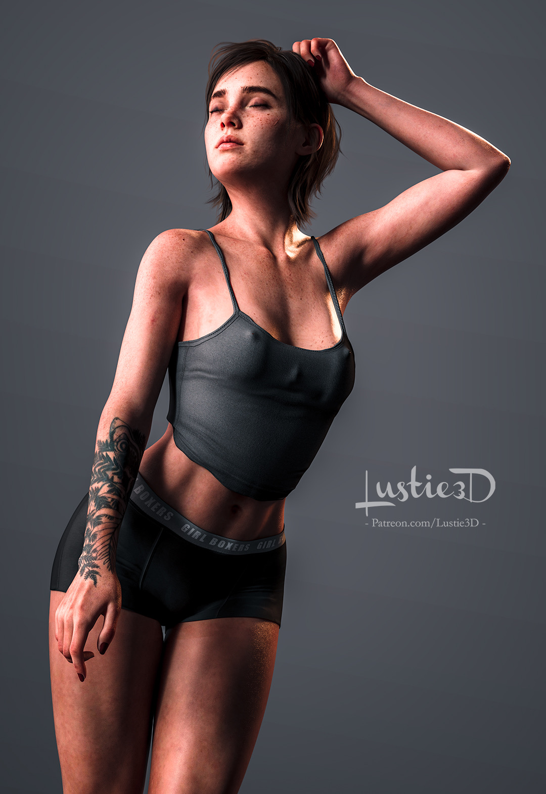 1girls, 3d, 3d (artwork), abs, bare arms, bare legs, bare midriff, bare shoulders, bare thighs, belly button, boxers, breasts, brown hair, cleavage, collarbone, ellie (the last of us), ellie williams, eyes closed, female, female focus, female only, freckles, hi res, lustie3d, midriff, naughty dog, nipple bulge, nipples visible through clothing, panties, short hair, simple background, small breasts, solo, solo female, solo focus, tank top, tattoo, the last of us, the last of us 2, underwear