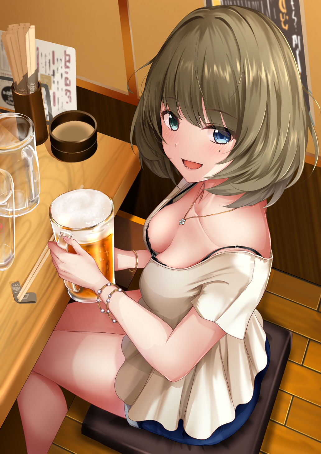 1girls alcohol bar beauty_mark black_bra blue_eyes blush bra bracelet bracelets breasts clothed eye_contact eyebrows_visible_through_hair female happy idolmaster idolmaster_cinderella_girls jewelry looking_at_another looking_at_viewer medium_breasts monaka_curl mouth necklace open_mouth pov pov_eye_contact restaurant short_hair short_shorts shorts small_breasts solo takagaki_kaede thighs