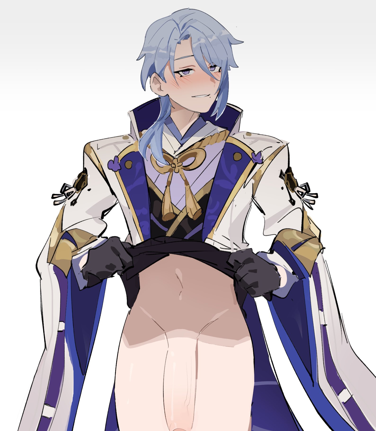 big penis, blush, genitals, genshin impact, huge cock, kamisato ayato, lifting clothing, long sleeves, male, male only, mihoyo, penis, shaved crotch, solo male