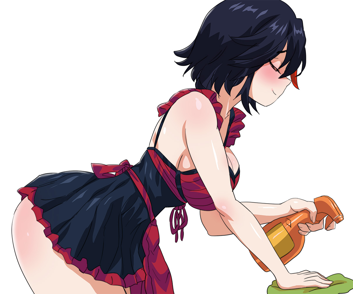 1girls, ass, big breasts, black hair, black-haired female, blush, breasts, closed eyes, clothing, female, female focus, human, kill la kill, maid, maid uniform, matoi ryuuko, pale skin, short hair, skirt, slq, smile, solo, thelorope, thick thighs, white background