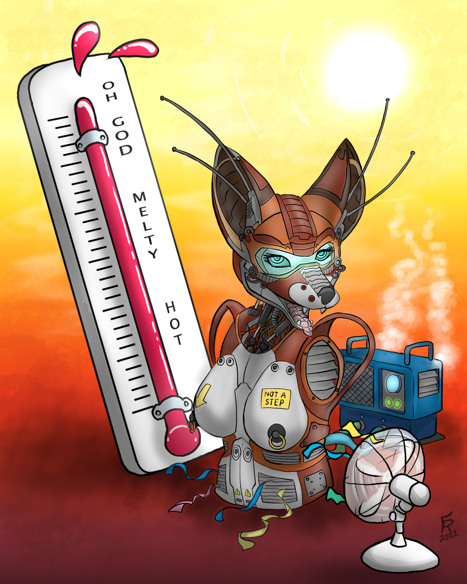 2022 android anthro black_nipples black_nose breath canid canine female flinters fox heat_(temperature) hi_res machine mammal nipple_piercing nipples orange_body panting piercing rain_(northern-crosshair) robot rotary_fan solo torso_only