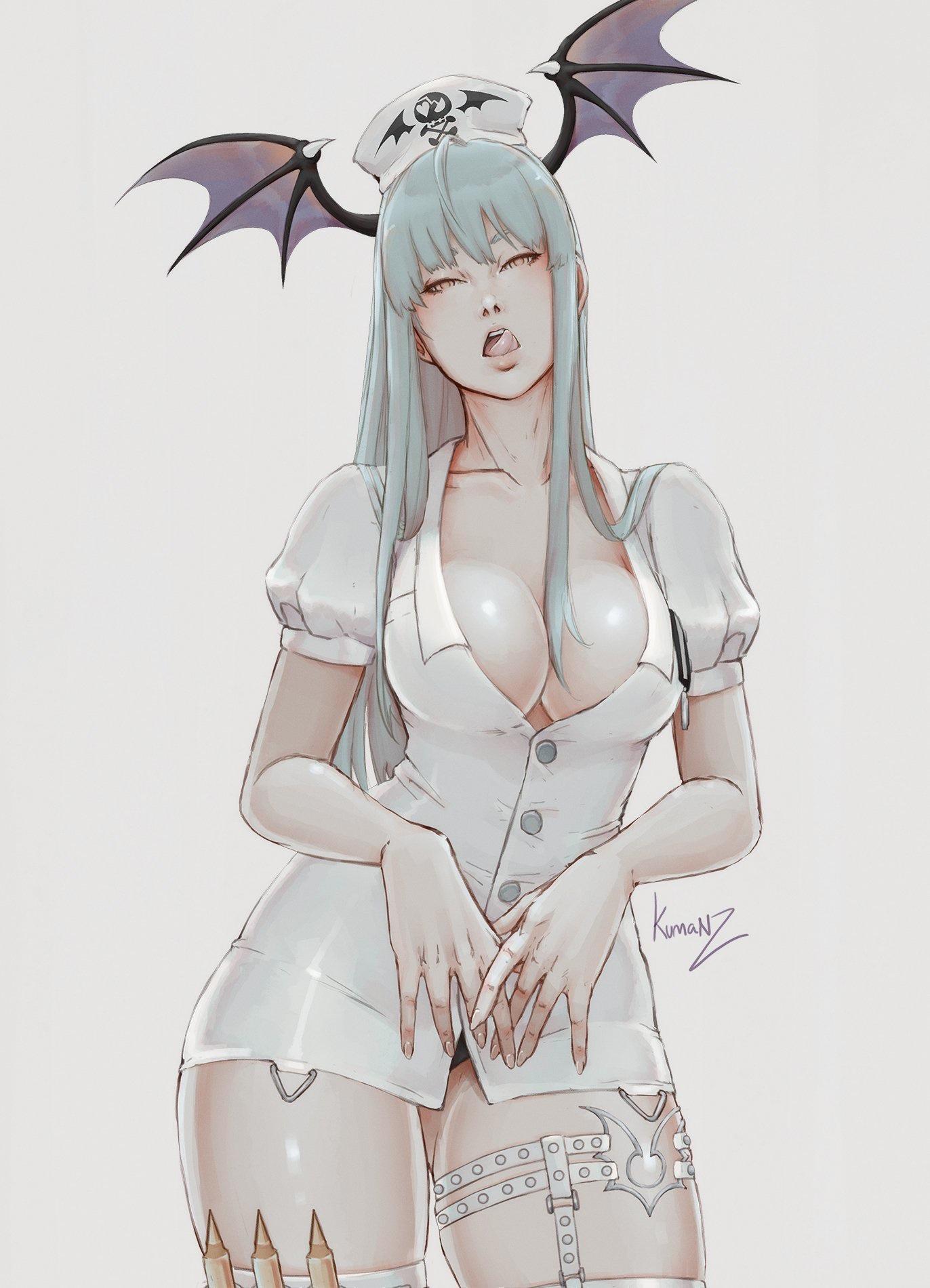 cleavage clothing darkstalkers kumanzart large_breasts morrigan_aensland nurse nurse_cap nurse_uniform succubus