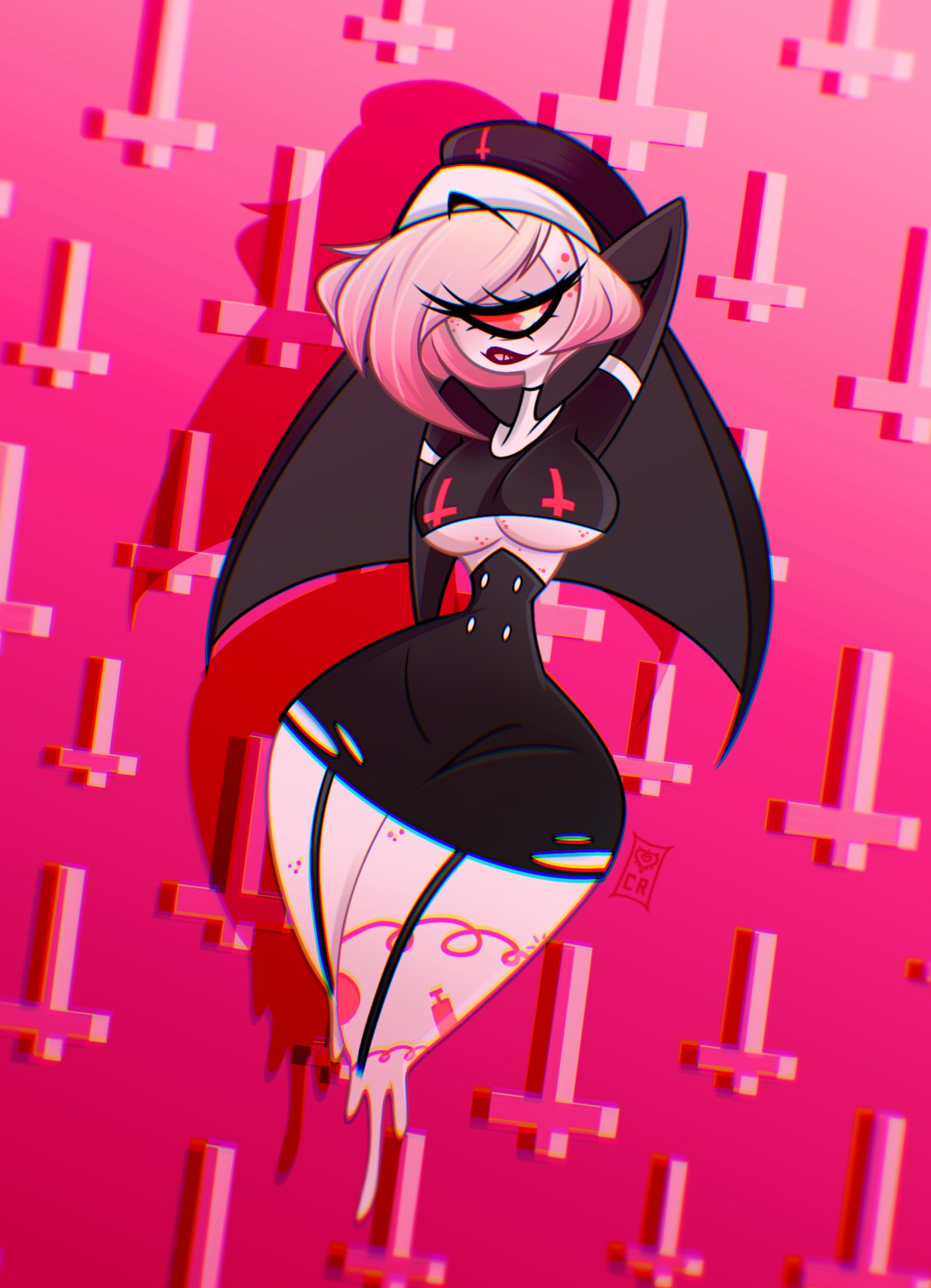 1girls, bedroom eyes, big breasts, breasts, cherri bomb, child bearing hips, curvaceous, curvy female, cyclops, cycoriot, demon, demon girl, female, hazbin hotel, hourglass figure, large breasts, lidded eyes, long hair, multicolored hair, nun, seductive, seductive look, seductive smile, sharp teeth, small waist, solo, straight hair, thick thighs, thin waist, thunder thighs, underboob, vivienne medrano, wide hips