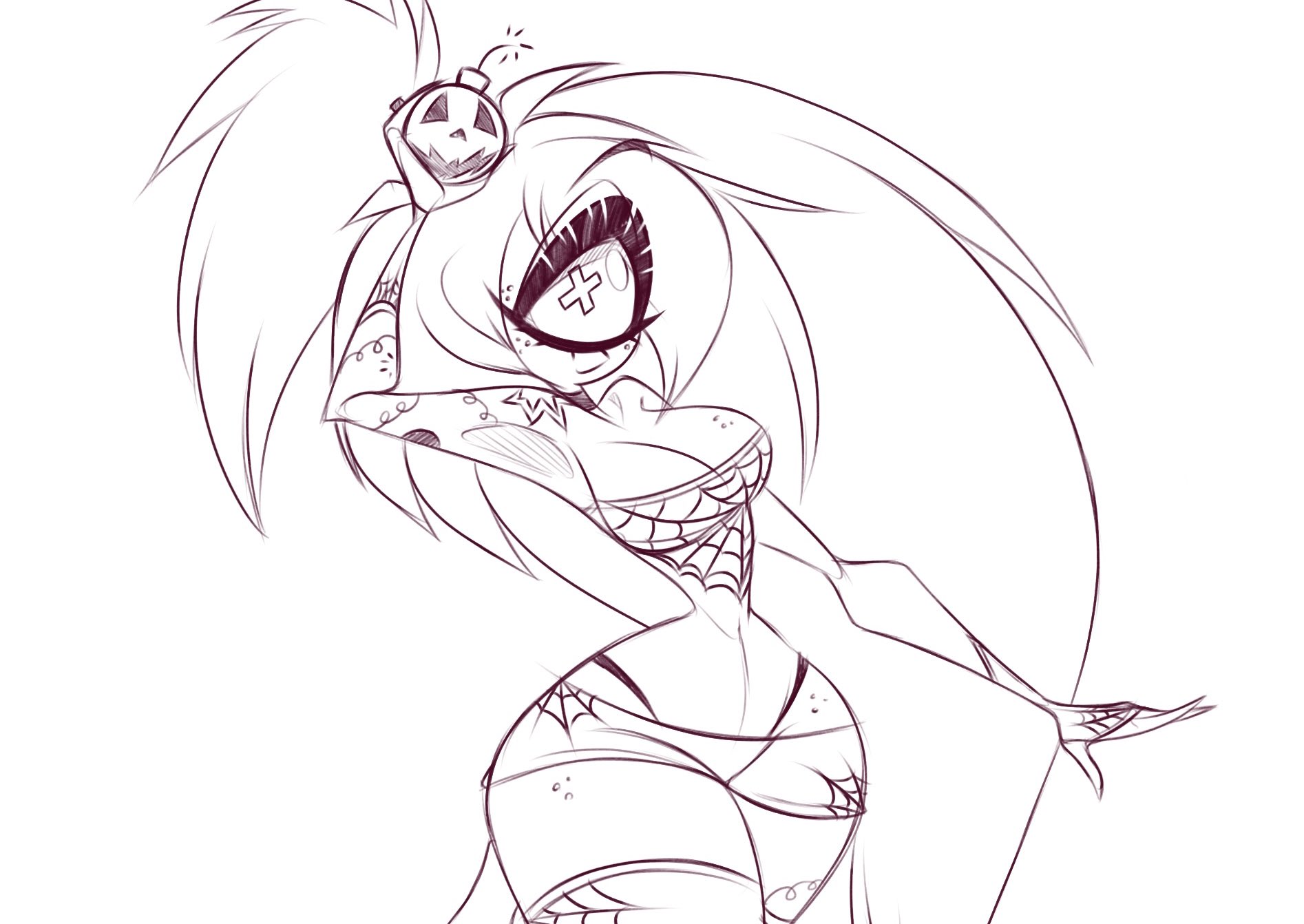 1girls, armpits, big breasts, bomb, bottom heavy, breasts, cherri bomb, child bearing hips, cleavage, cyclops, cycoriot, demon, demon girl, explosive, female, female only, halloween, halloween costume, hazbin hotel, hourglass figure, large breasts, long hair, monochrome, pumpkin bomb, short skirt, skirt, small waist, solo, solo female, spider web, straight hair, tattoos, thick thighs, thighhighs, thin waist, thong, thunder thighs, very long hair, vivienne medrano, wide hips