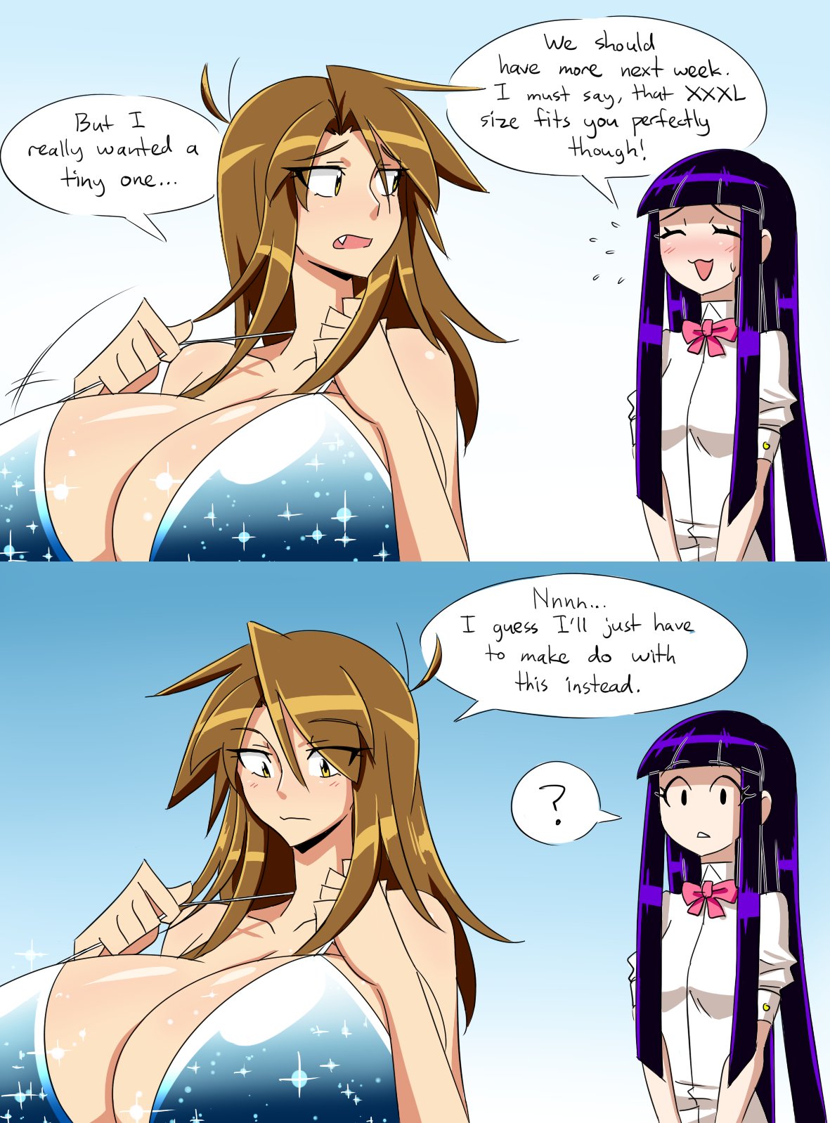 2girls bikini breast_bigger_than_head breasts cleavage comic dialogue female female_only huge_breasts lass_(matsu-sensei) massive_breasts matsu-sensei multiple_girls