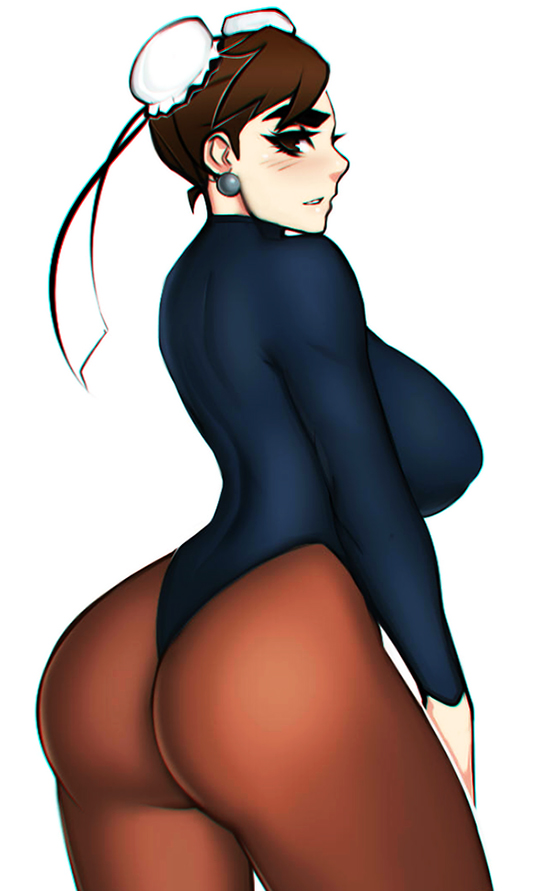 1girls, ass, big ass, blush, breasts, brown eyes, brown hair, bubble ass, bubble butt, capcom, chun-li, curvy, earrings, fat ass, female, female only, foxicube, large ass, large breasts, leotard, light skin, light-skinned female, looking back, pantyhose, sideboob, solo, street fighter, thick thighs, thighs, voluptuous