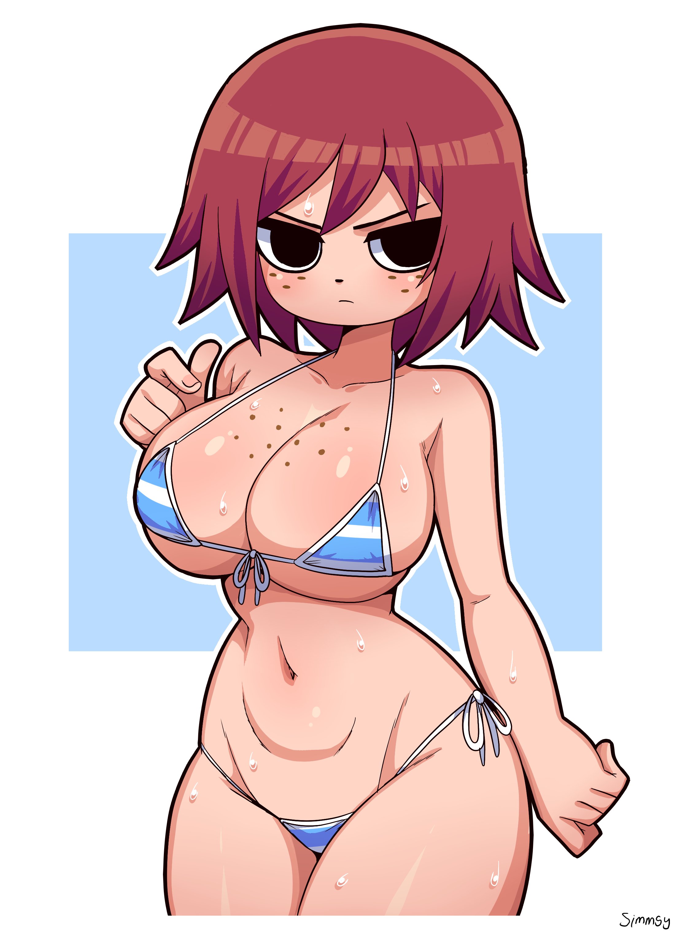 1girls, about to burst, barely contained, barely contained breasts, barely fits, big breasts, bikini, breasts, breasts too big, bursting breasts, eye contact, female, freckles, imminent wardrobe malfunction, kim pine, looking at viewer, micro bikini, red hair, scott pilgrim, shiny skin, short hair, simmsy, simple background, solo, standing, thick thighs, thighs, tight bikini, tight fit, tight swimsuit, tight swimwear, too tight, undersized clothes, undersized clothing, wide hips