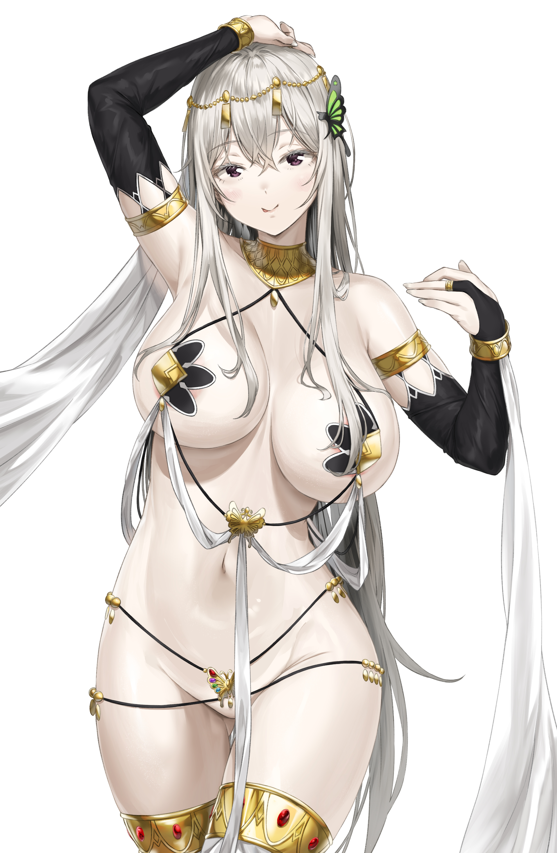 1girls, absurdres, areola slip, areolae, bare shoulders, black eyes, blush, breasts, cheeky, circlet, cleavage, cute, dancer, echidna (re:zero), female, hair ornament, highres, huge breasts, jewelry, large breasts, light skin, light-skinned female, long hair, looking at viewer, navel, pale, pale skin, pale-skinned female, pixel (yuxian), re:zero kara hajimeru isekai seikatsu, silver hair, smile, solo, standing, white hair