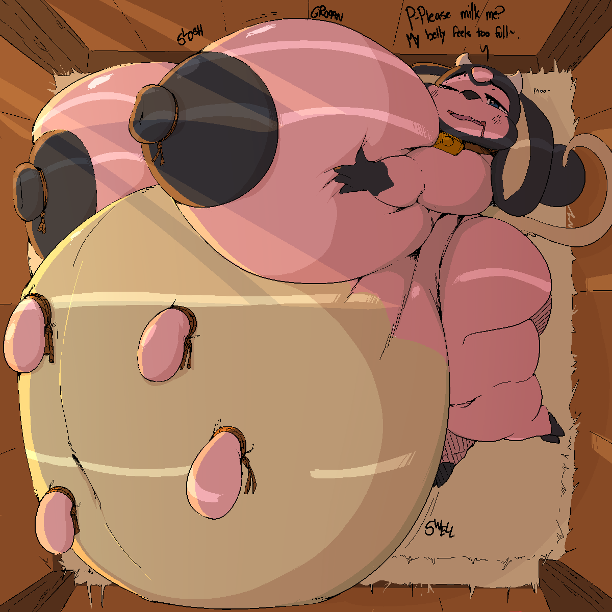 aroused begging bovid bovine breast_expansion cow_ears cow_horns drooling female filled_belly half-closed_eyes hyper_belly hyper_breasts lactation_denial looking_at_viewer milk_inflation miltank pokemon pokemon_(species) slosh talking_to_viewer udder_growth udders