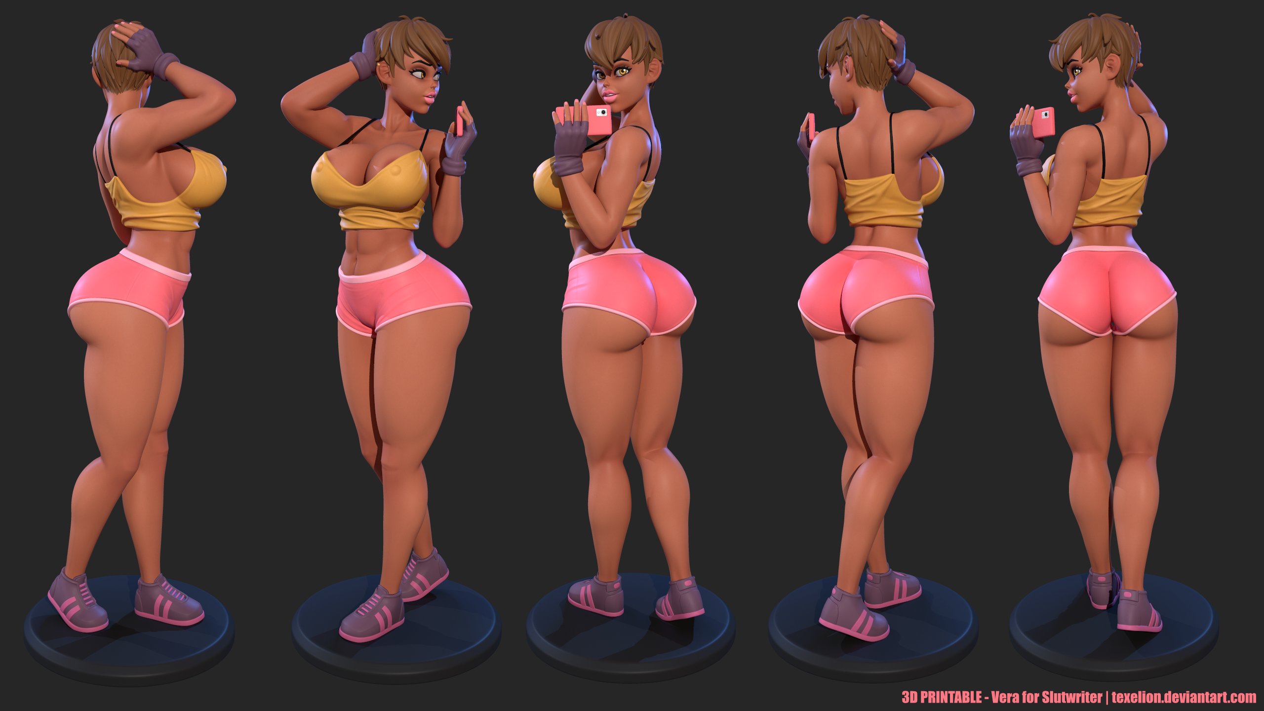 1girls, 3d, abs, amber eyes, ass, big ass, big breasts, big butt, breasts, brown hair, bubble ass, bubble butt, cleavage, dark skin, dark-skinned female, eyes, female, fingerless gloves, legs, my mom and sister are size queen sluts, nipple bulge, nipples visible through clothing, orange eyes, phone, short shorts, sideboob, size queen, slutwr1ter, solo, solo female, solo focus, tan-skinned female, texelion, thick, thick legs, thick thighs, thighs, vera herron, voluptuous, wide hips, yellow tank top