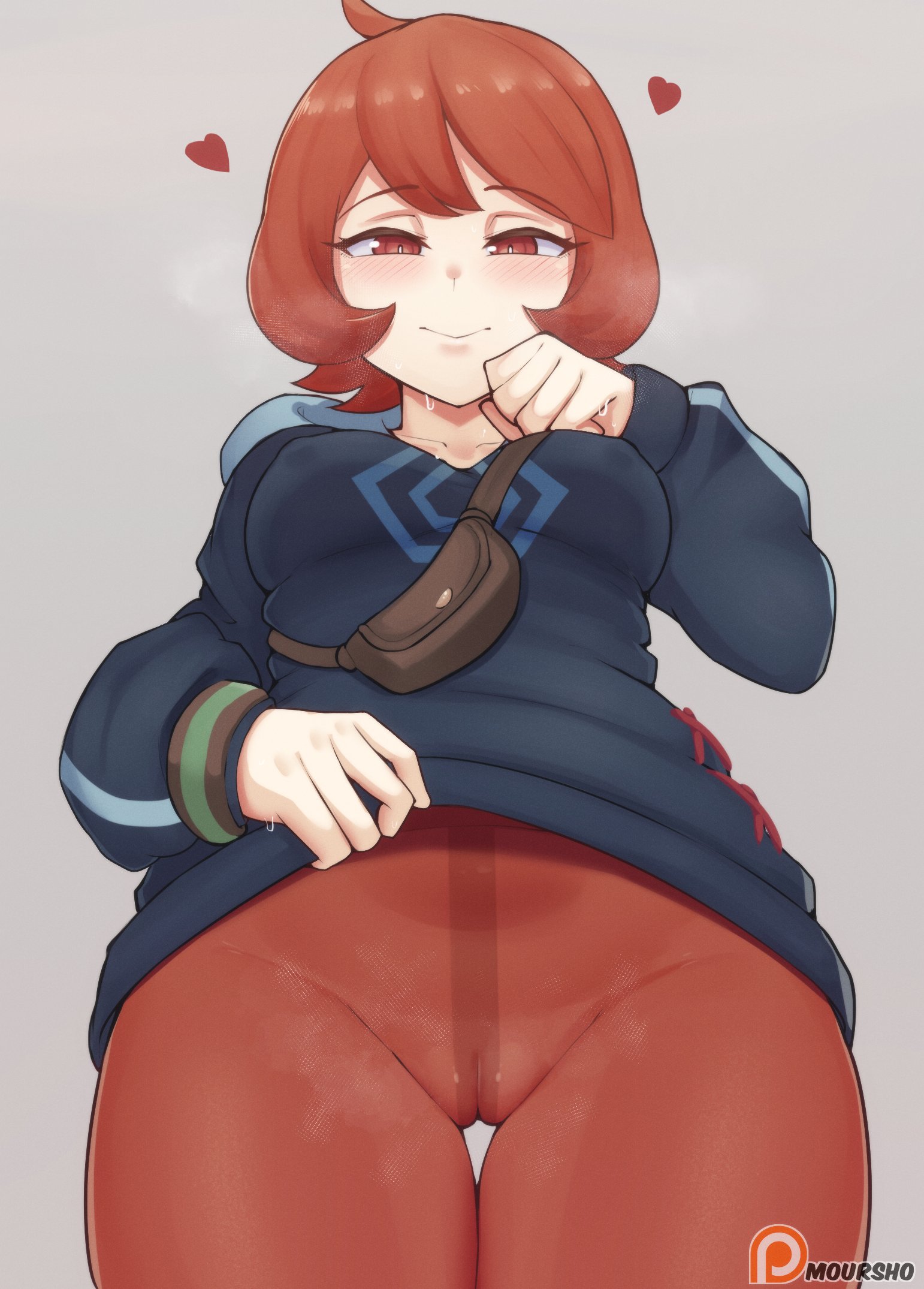 1girls, arezu (pokemon), blush, breasts, cameltoe, eye contact, female, female focus, female only, hearts, looking at viewer, looking down, moursho, nintendo, pokemon, pokemon legends: arceus, pussy, red eyes, red hair, skin tight, solo, solo female, thick thighs, thighs, tight clothing, tight pants