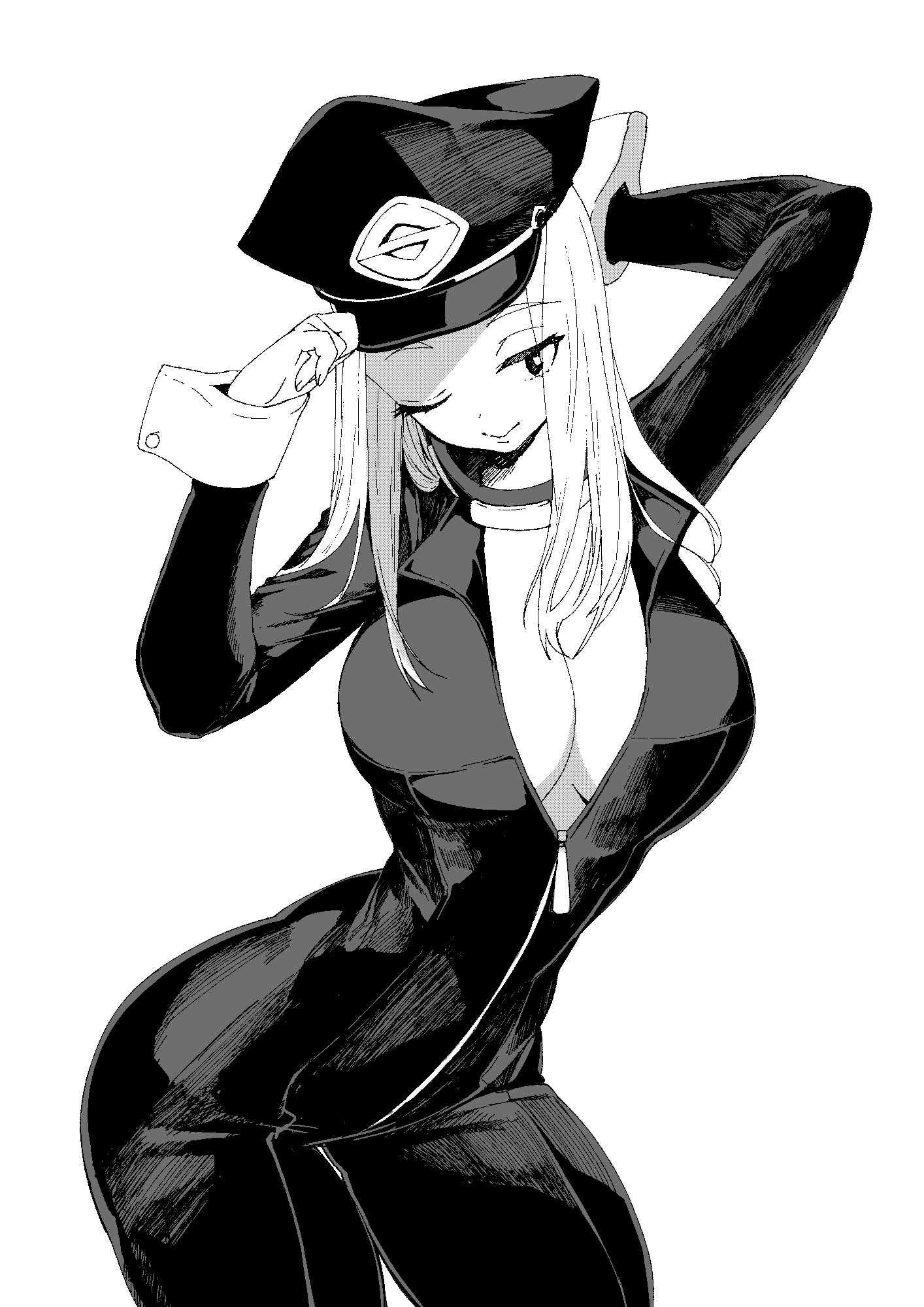 1girls, about to burst, barely contained, barely contained breasts, barely fits, big breasts, black and white, bodysuit, breasts, breasts too big, bursting breasts, camie utsushimi, cleavage, cute, female, female only, hat, hero outfit (mha), hourglass figure, imminent wardrobe malfunction, my hero academia, rahato, rahato190, shiketsu high school cap, slim waist, solo, solo female, strained zipper, tight clothing, tight fit, too tight, undersized clothes, undersized clothing, unzipped bodysuit, white background, wink