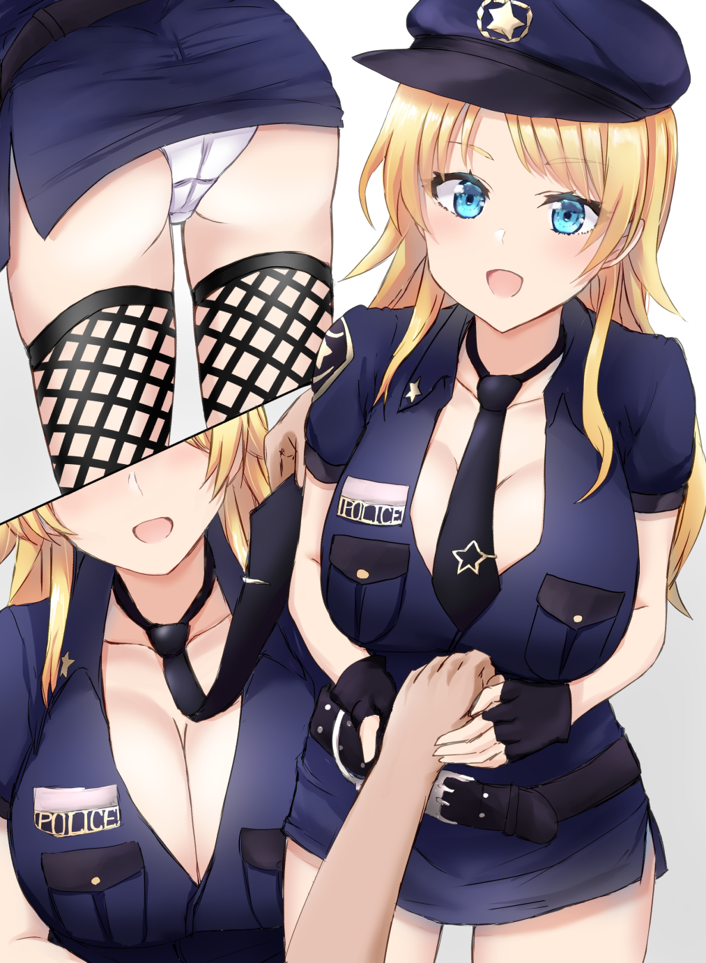 blonde_female blonde_hair blue_eyes breasts cleavage female fingerless_gloves fishnets gloves hachimiya_meguru hat highres idolmaster idolmaster_shiny_colors kousi_sirazawa multiple_views necktie panties pantyshot police police_hat police_uniform policewoman underwear uniform white_panties