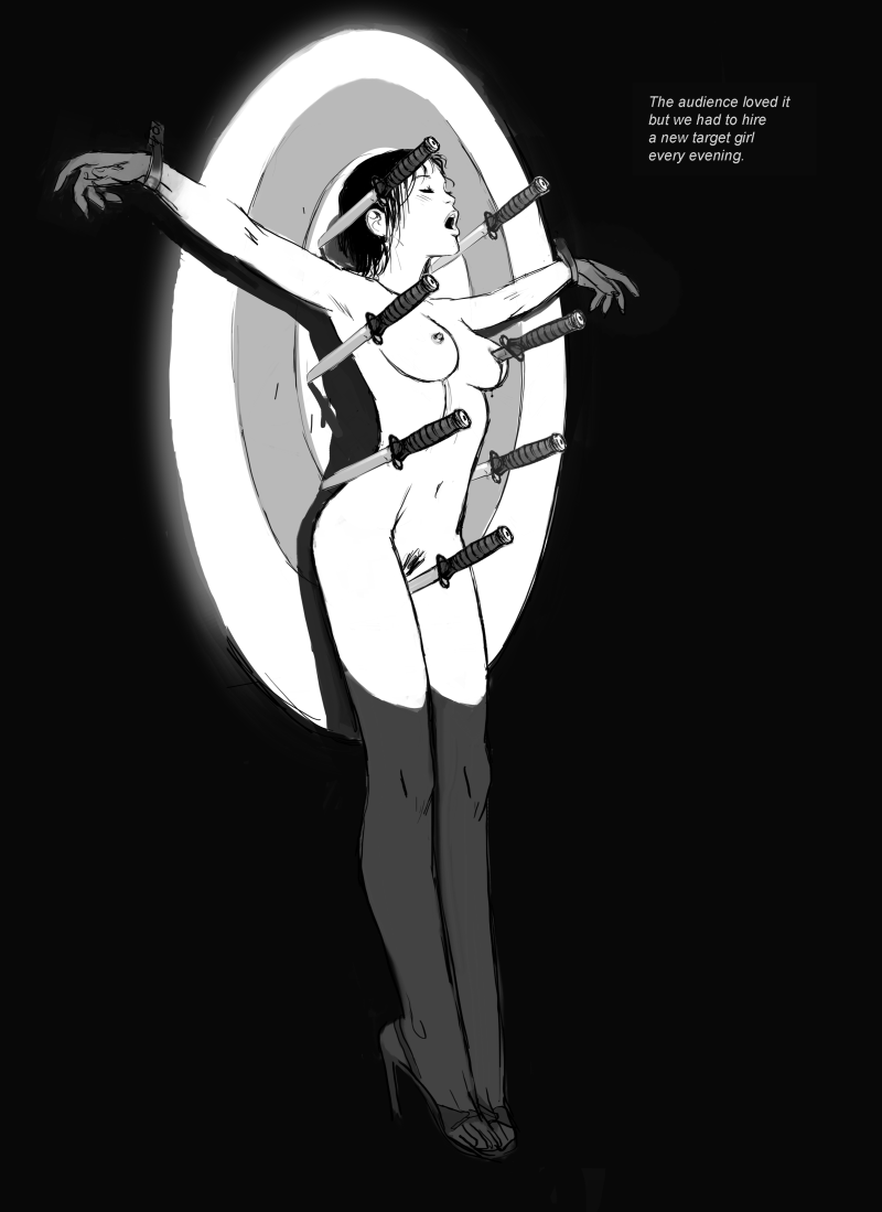 ass au_(artist) black_and_white black_hair blood boli-blog breasts carl_(artist) death female_death high_heels knife knife_to_breast knives naked_female nipples pubic_hair snuff tied violence