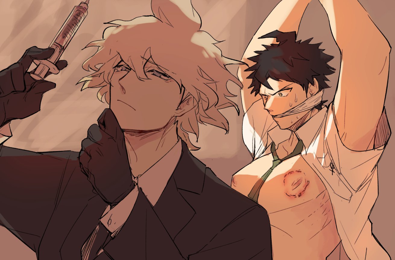 2boys, alternate costume, bite, bite mark, black gloves, bound, bound wrists, brown hair, danganronpa, danganronpa 2: goodbye despair, gag, gay, gloves, hinata hajime, imminent rape, jiaiimu, male, male only, male/male, nagito komaeda, needle, open clothes, open shirt, pecs, restrained, straight hair, tied up, white hair, yaoi