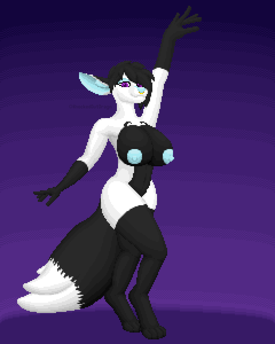 4:5 anthro belly_dancer big_breasts big_ears big_tail black_and_white_fur black_body black_fur black_hair blue_ears blue_nipples blue_nose breasts curvy_figure dancing digital_media_(artwork) digitigrade facial_piercing female female_only fluffy fluffy_tail fur gradient_background hair hi_res inner_ear_fluff knockedoutdragon looking_at_viewer nipples nose_piercing nose_ring nude piercing pixel_art purple_background purple_eyes simple_background smile solo solo_female standing thick_thighs tuft unknown_species white_body white_fur