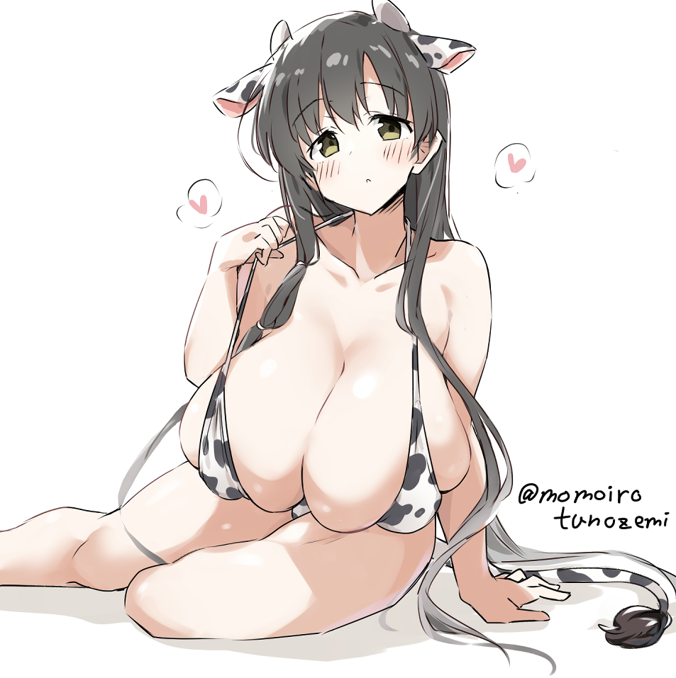 animal_ears animal_print bare_arms bare_legs bare_shoulders bikini black_hair breasts brown_eyes cleavage collarbone cow_ears cow_horns cow_print cow_tail fake_animal_ears fake_horns fake_tail female female head_tilt heart horns huge_breasts iwato_kasumi large_breasts long_hair looking_at_viewer momoiro_tunozemi saki sidelocks simple_background sitting solo strap_pull swimsuit tail twitter_username white_background white_bikini