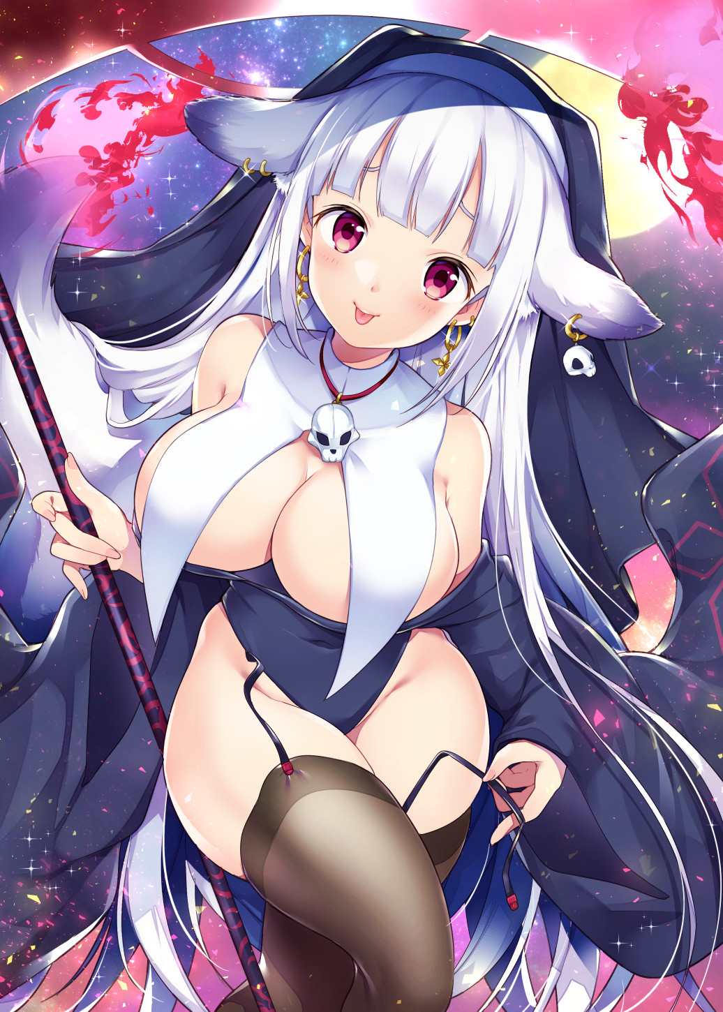 :p animal_ears black_legwear breasts cleavage earrings female female fox_ears fox_girl fox_tail highleg highleg_leotard highres jewelry large_breasts leotard long_hair miyano_ururu nun original red_eyes scythe silver_hair skull_earrings skull_necklace tail thighhighs tongue tongue_out