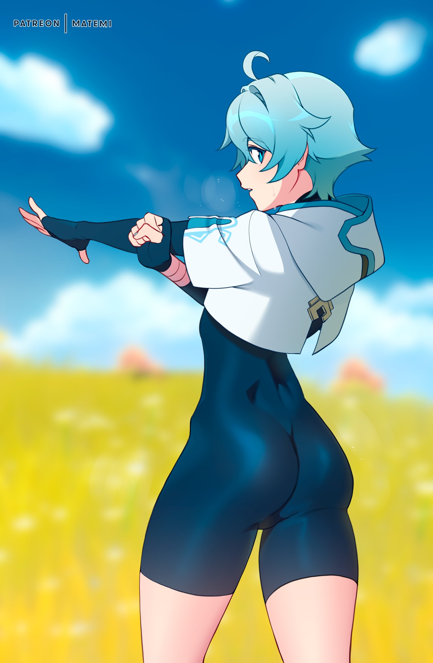 1boy, ass, blue hair, bodysuit, bubble ass, bubble butt, chongyun (genshin impact), genshin impact, looking at viewer, looking back, male, male focus, male only, matemi, short hair