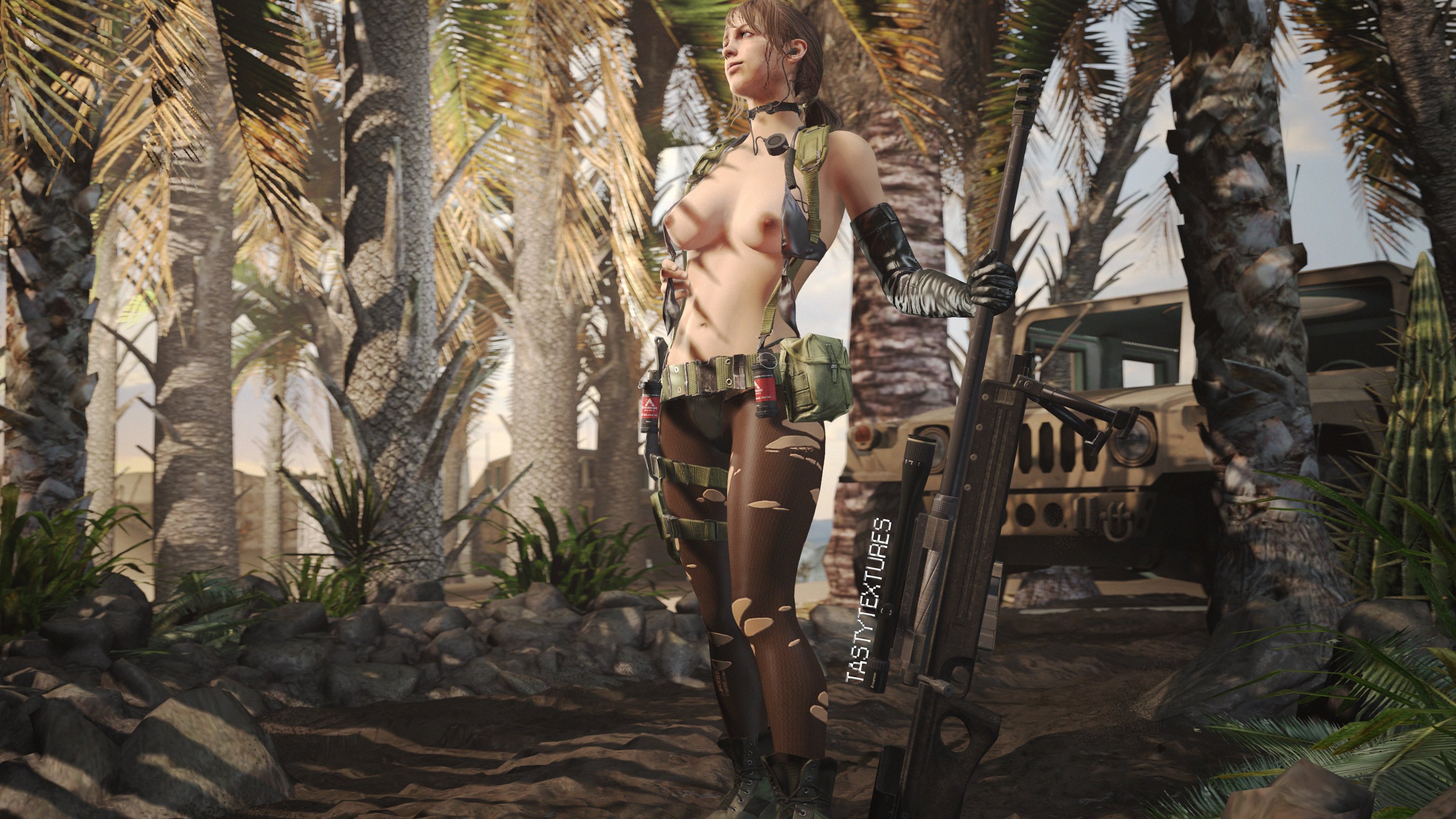 1girls, 3d, areolae, blender, breasts, female, female only, gun, metal gear solid, metal gear solid v, nipples, quiet (metal gear), sniper rifle, solo, tastytextures, weapon