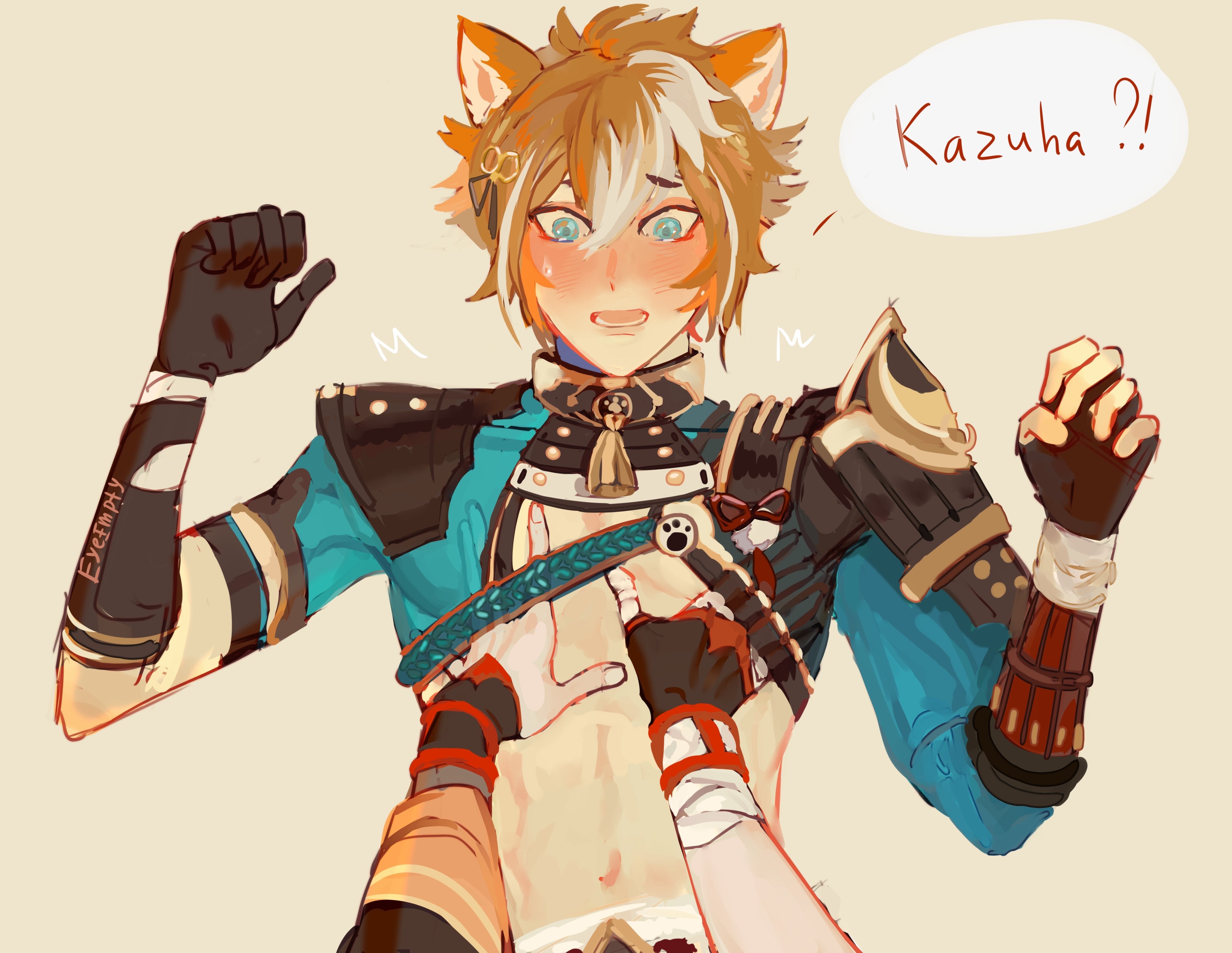 2022, 2boys, blue eyes, blush, brown hair, dog ears, dog tail, genshin impact, gorou (genshin impact), kaedehara kazuha, male, male on male, male only, male/male