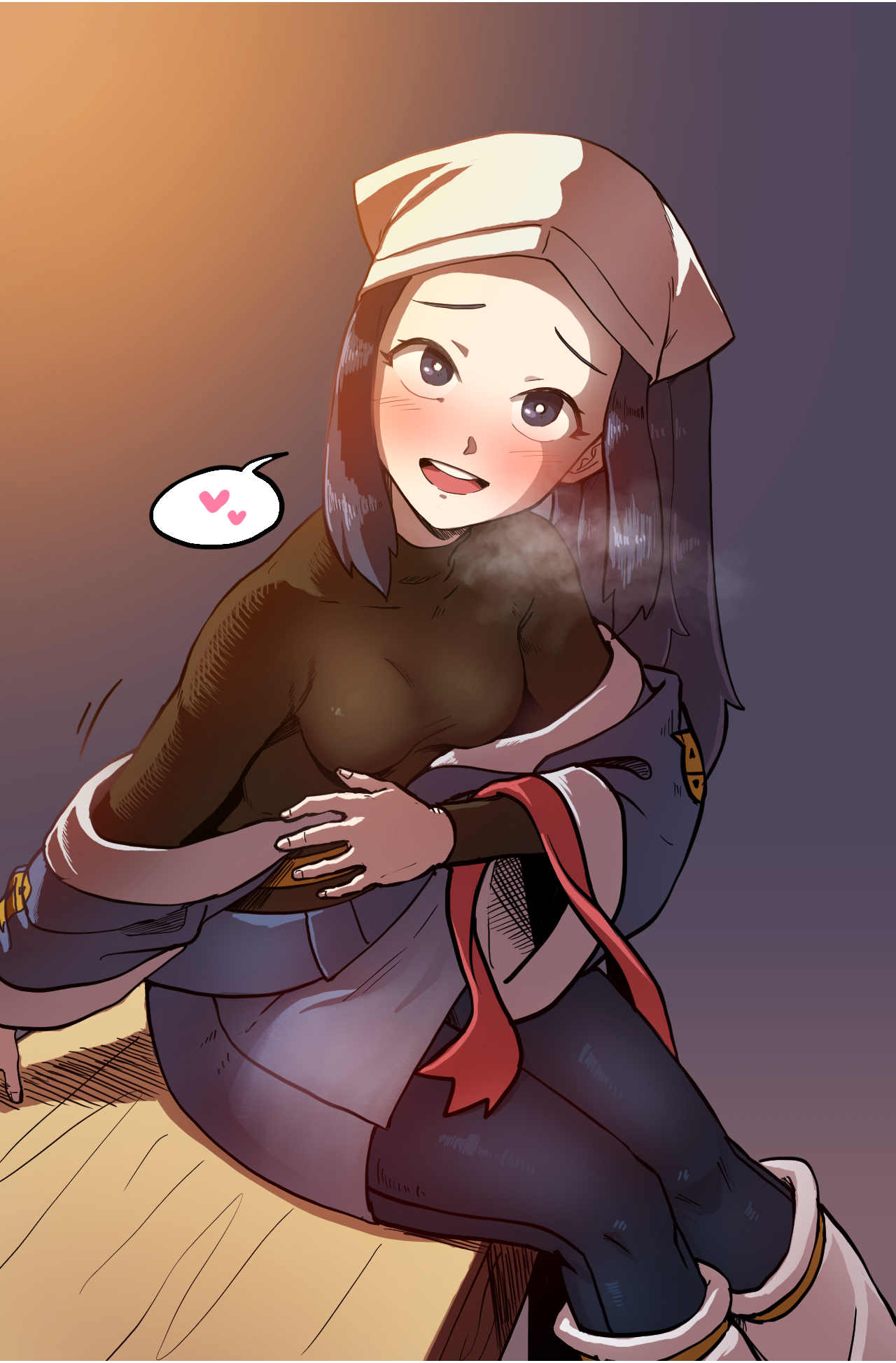 1girls, akari (pokemon), blue eyes, blue hair, blush, clothed, clothed female, clothing, color, female, happy, heart, heydove, leggings, long hair, looking at viewer, loose socks, night, open mouth, outdoors, pokemon, pokemon legends: arceus, sitting, socks, speech bubble, steam, tight clothing, traditional clothes, undressing, white socks