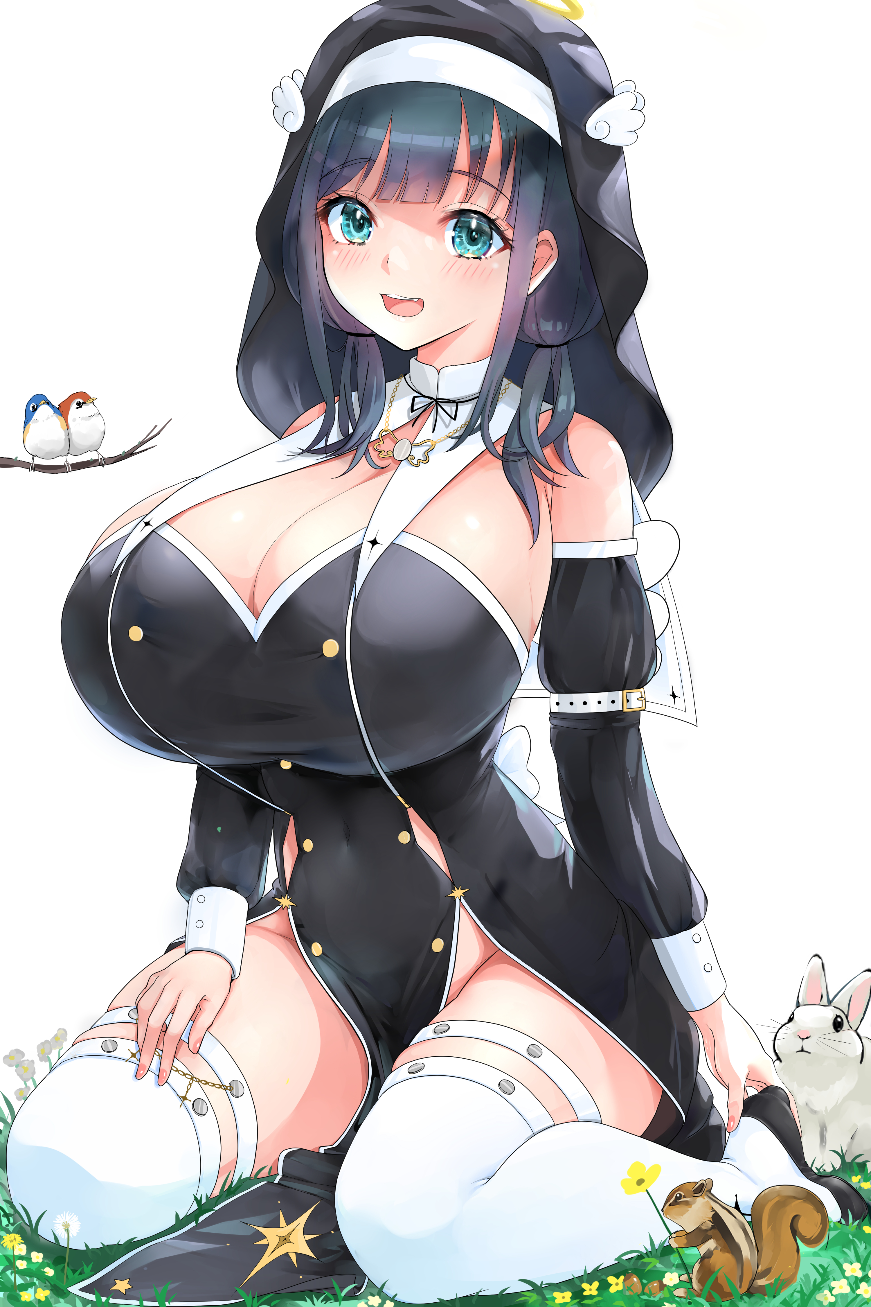 1girls, 2d, amano nene (vtuber), amano nene (vtuber) (nun), bangs, bird, black hair, breasts, bunny, busty, cleavage, clothed, clothing, color, detached sleeves, eyebrows visible through hair, female, female only, green eyes, huge breasts, kntrs (knyrs), light skin, light-skinned female, nun, open mouth, simple background, solo, squirrel, virtual youtuber